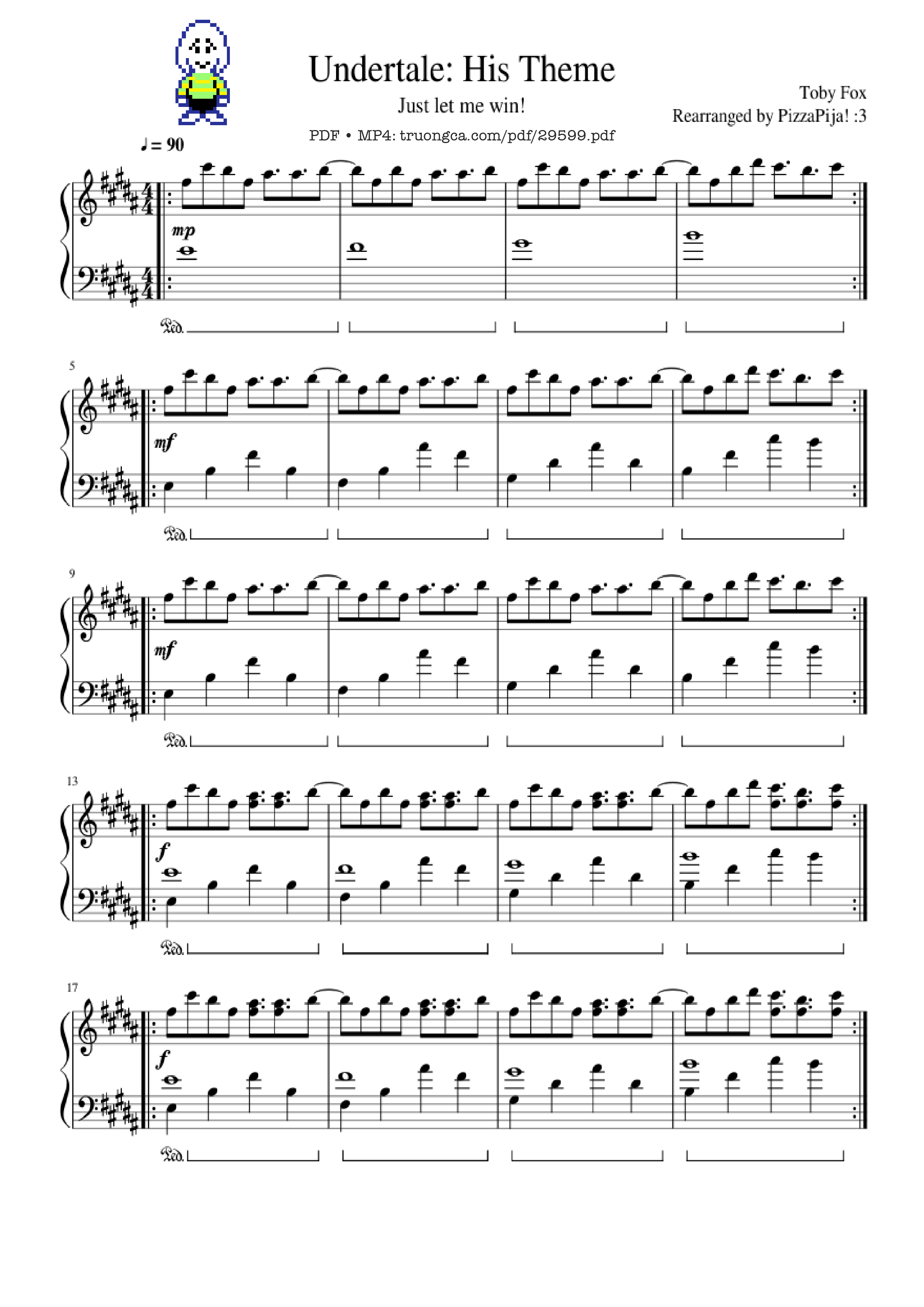 Page 1 of the piano sheet music PDF Piano – Undertale: His Theme Piano by Toby Fox Rearranged by PizzaPija! :3