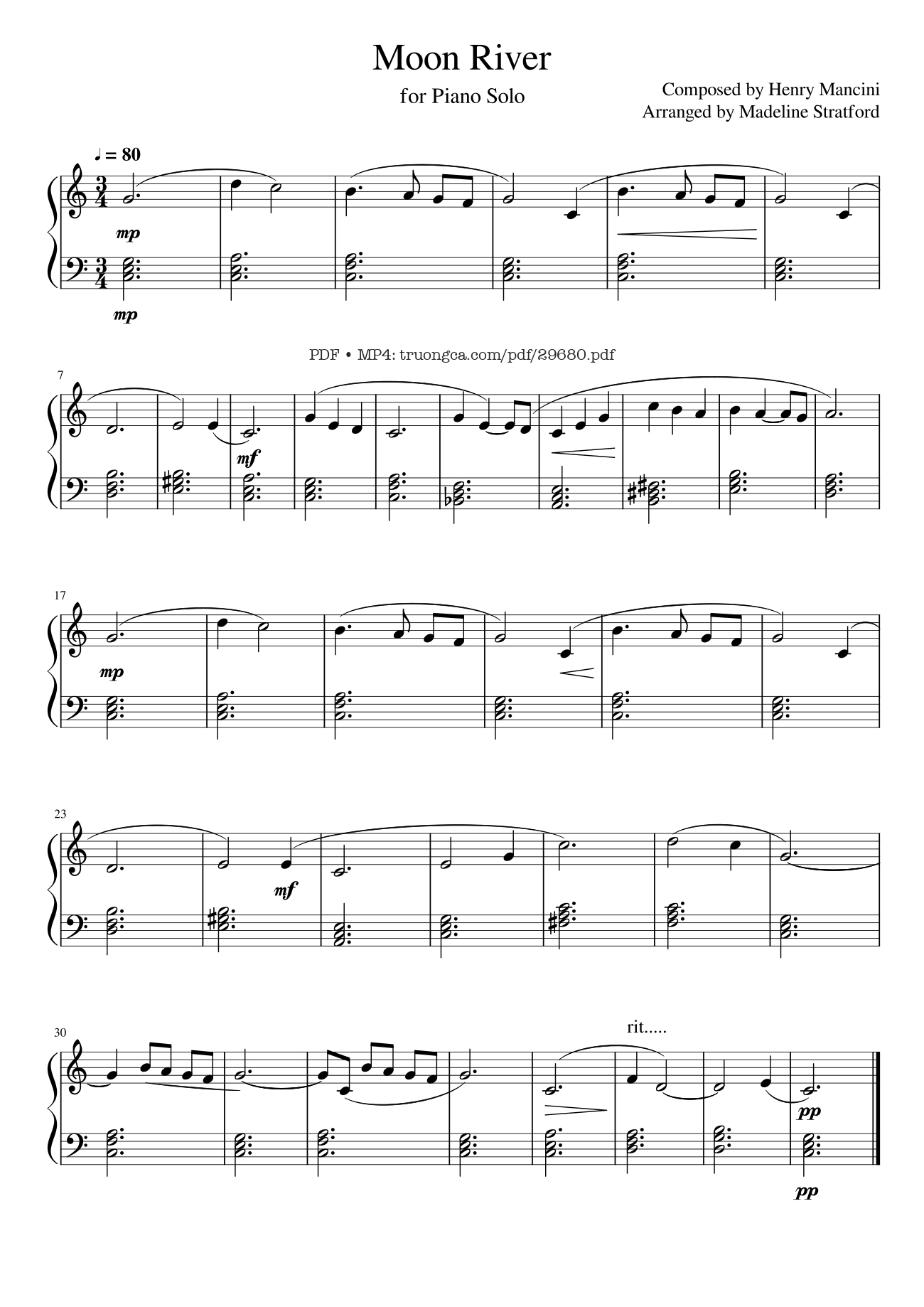 Page 1 of the piano sheet music PDF Piano – Moon River Piano easy by Breakfast at Tiffany