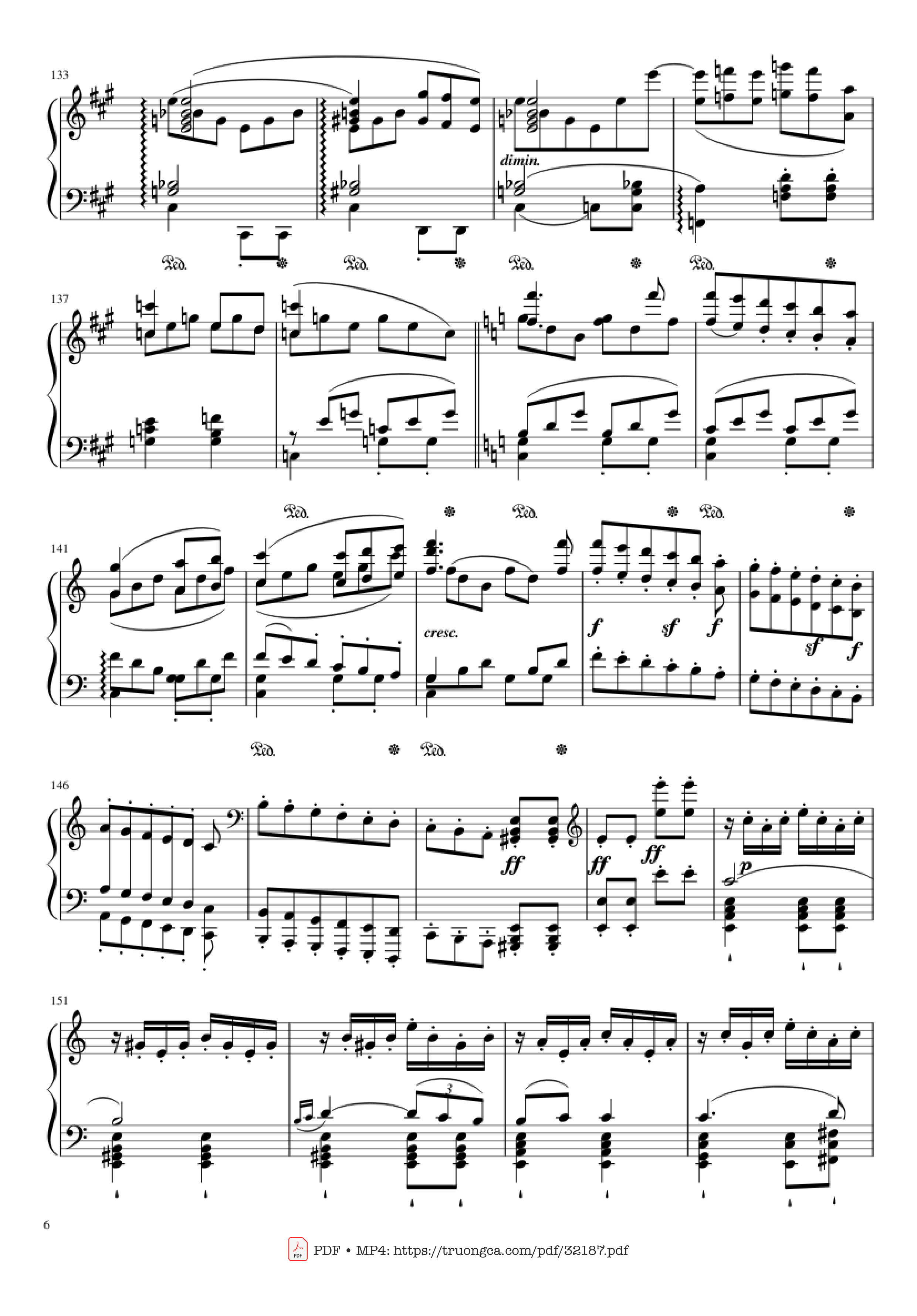 Page 6 of the piano sheet music PDF Piano – Beethoven Symphony No. 7 Movement 2 Piano by Ludvig van Beethoven