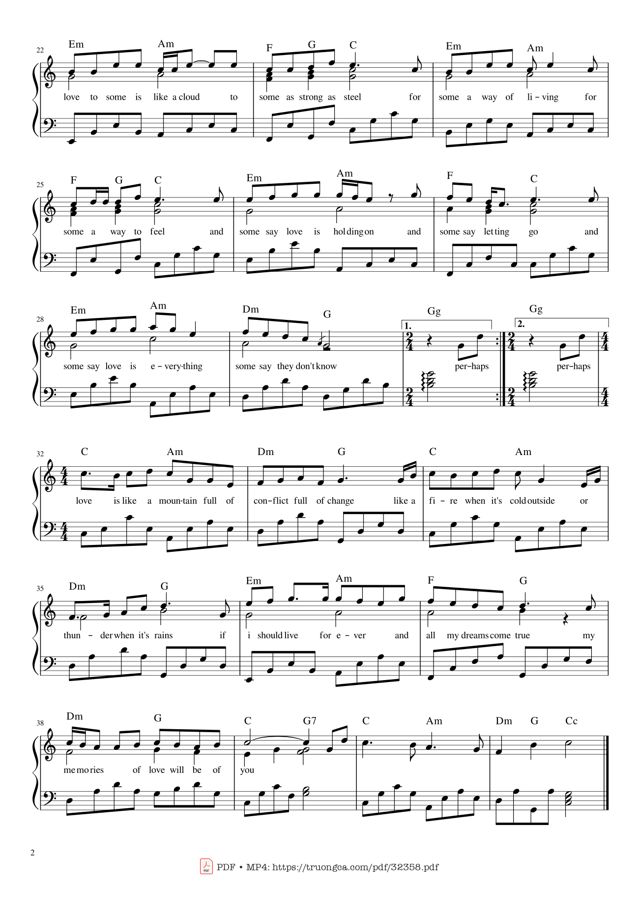 Page 2 of the piano sheet music PDF Piano – Perhaps love Piano (Tone C with lyric) by John Denver