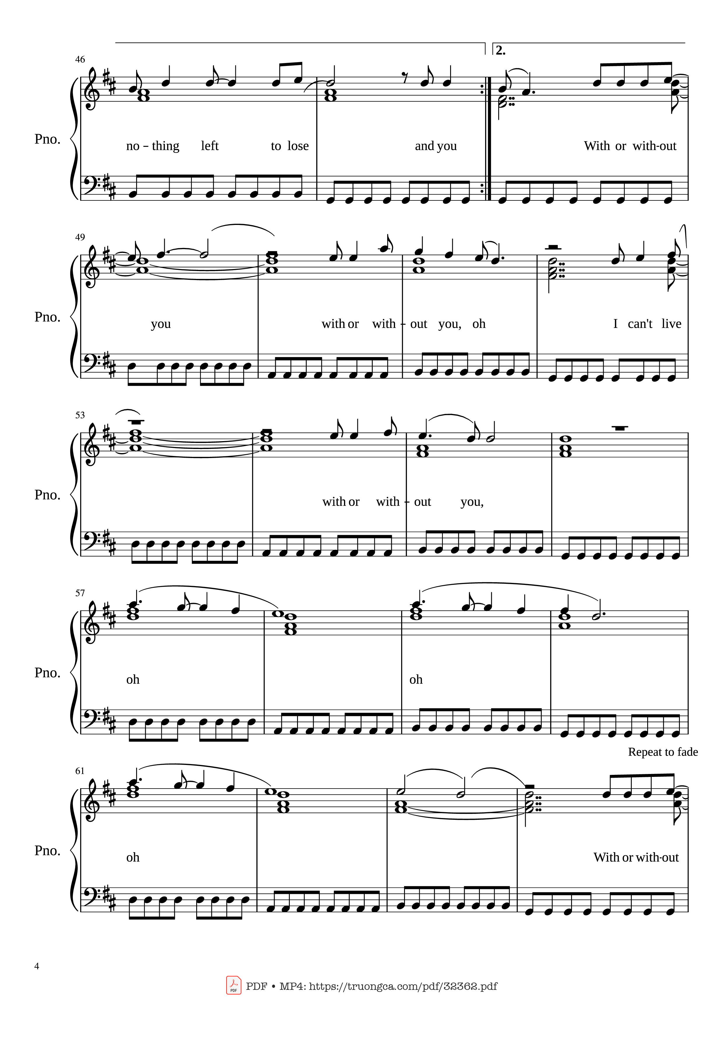 Page 4 of the piano sheet music PDF Piano – With or Without You Piano by U2