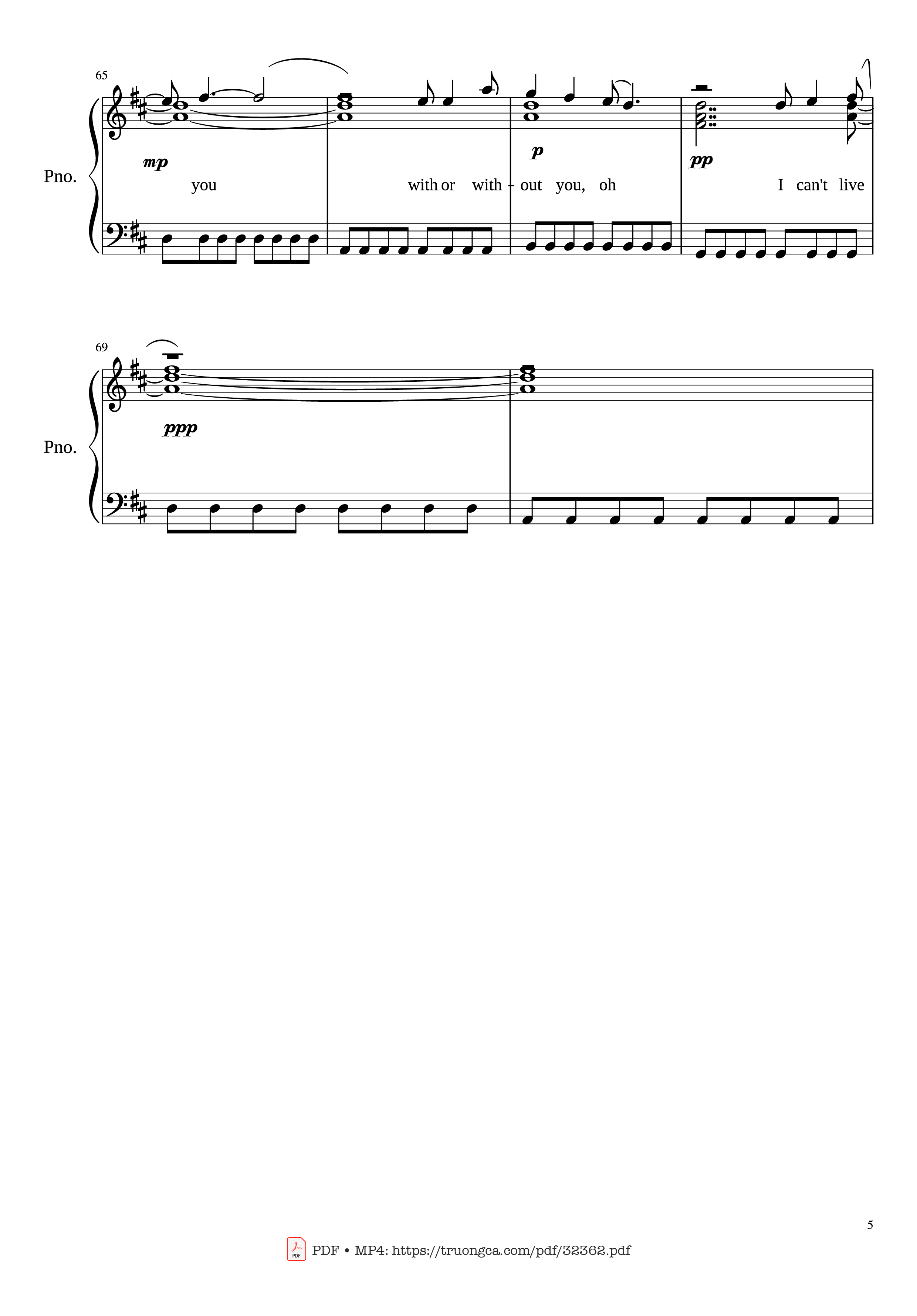Page 5 of the piano sheet music PDF Piano – With or Without You Piano by U2