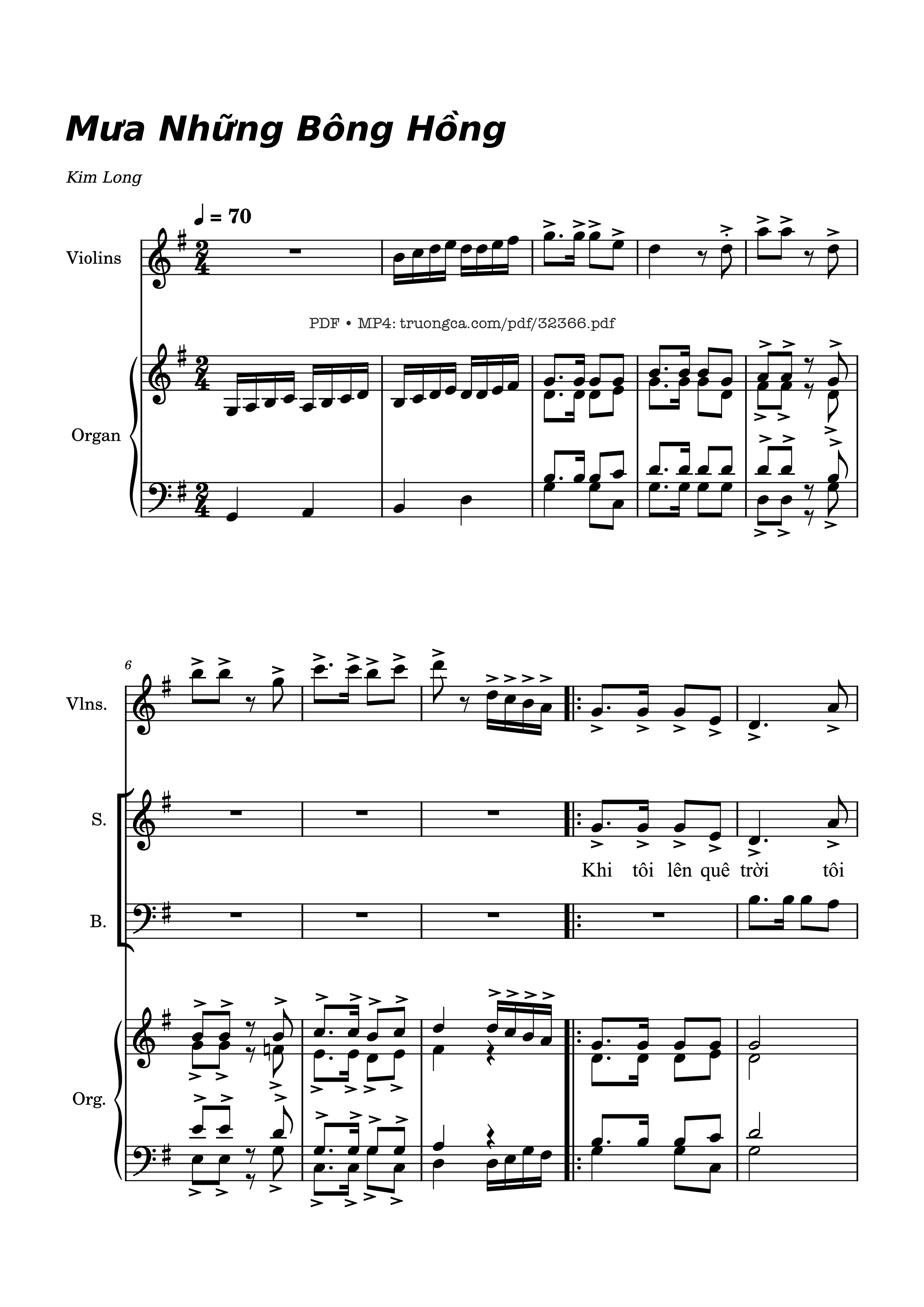 Page 1 of the piano sheet music PDF – Mưa Những Bông Hồng (Bè, Đệm Violin, Organ) by Kim Long
