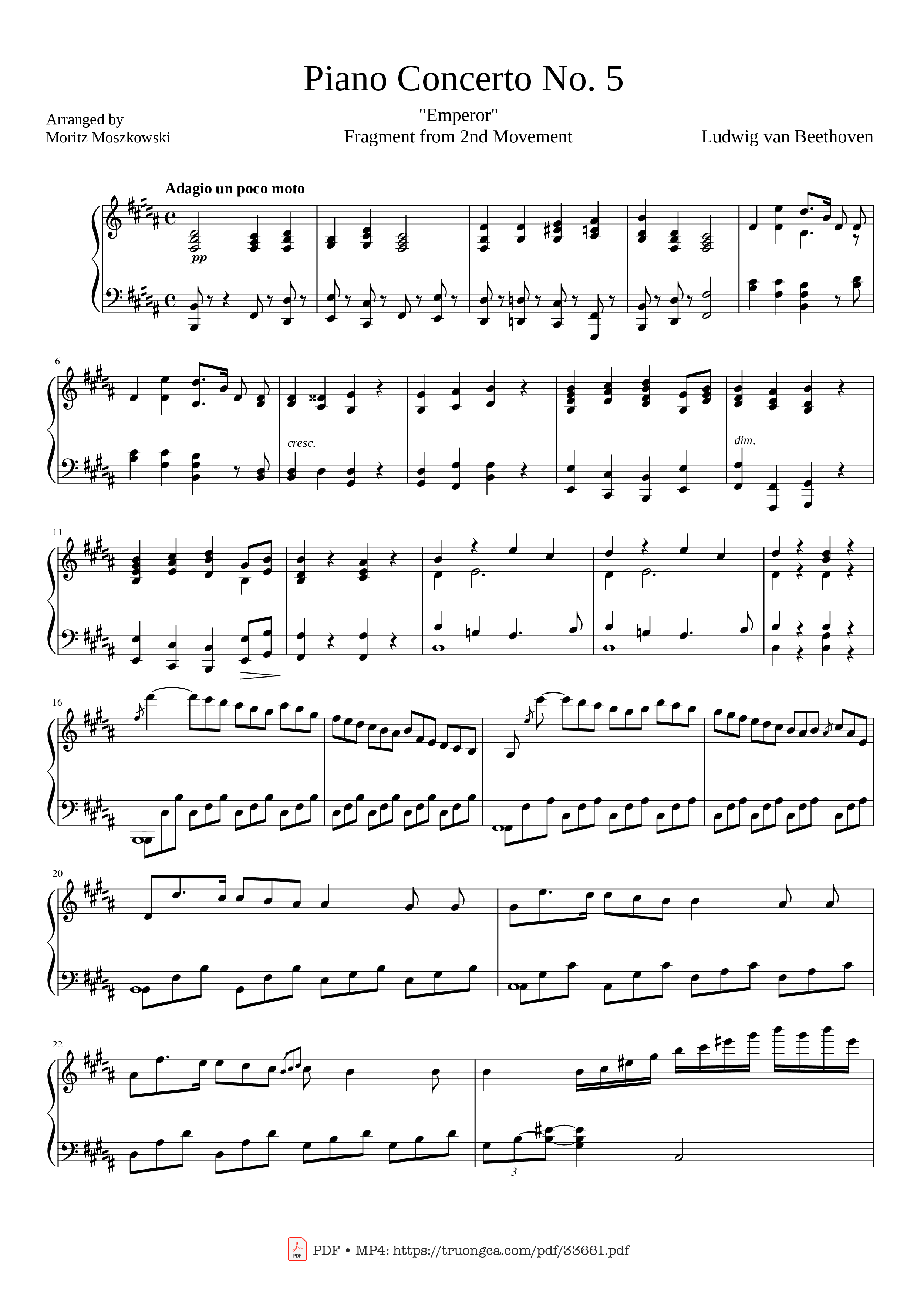 Page 1 of the piano sheet music PDF Piano – Adagio from Beethoven Emperor concerto No.5, Op.73 by Ludwig Van Beethoven