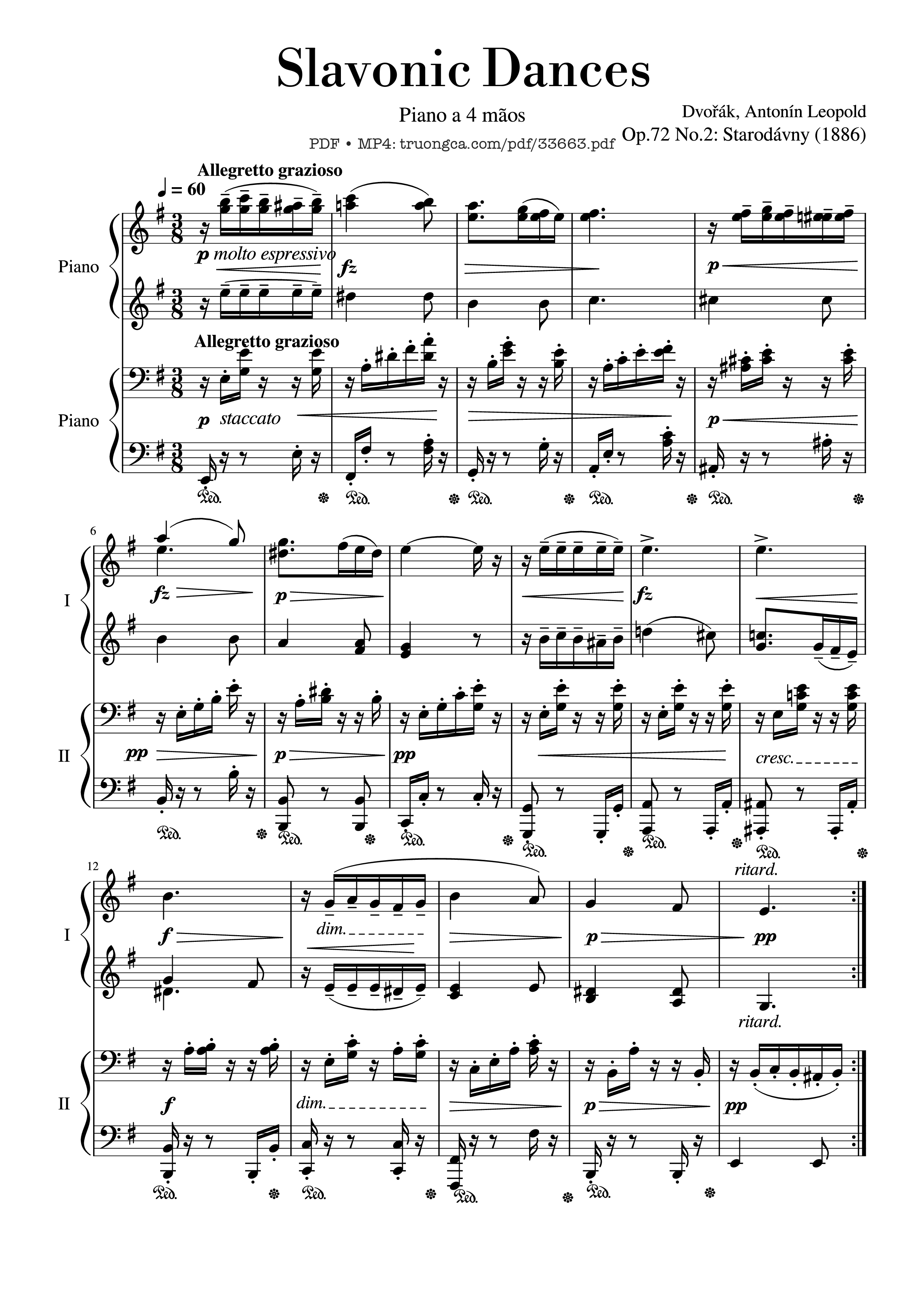 Page 1 of the piano sheet music PDF Piano – Slavonic Dances, Op.72 No.2 Piano Four Hand by Antonin Leopold Dvorak