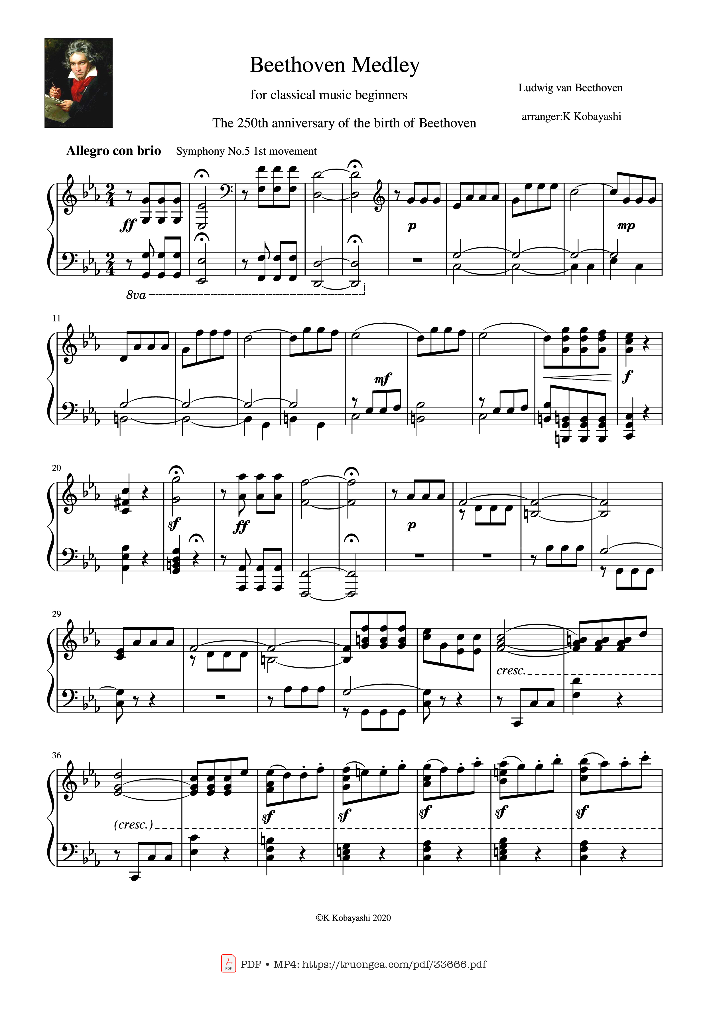 Page 1 of the piano sheet music PDF Piano – Beethoven Medley for classical Piano beginners by Ludwig van Beethoven