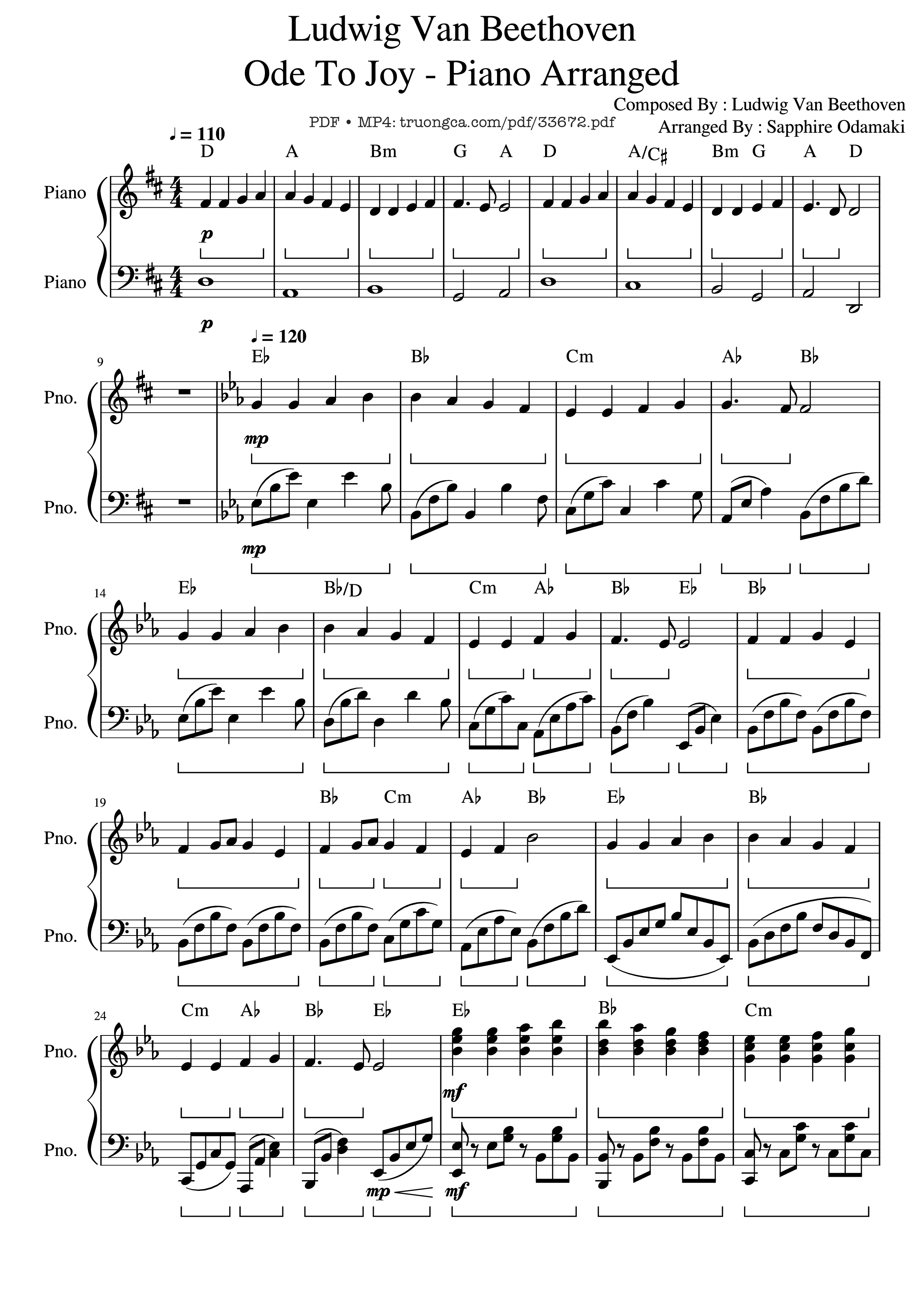 Page 1 of the piano sheet music PDF Piano – Beethoven Ode To Joy Piano Arranged by Ludwig Van Beethoven