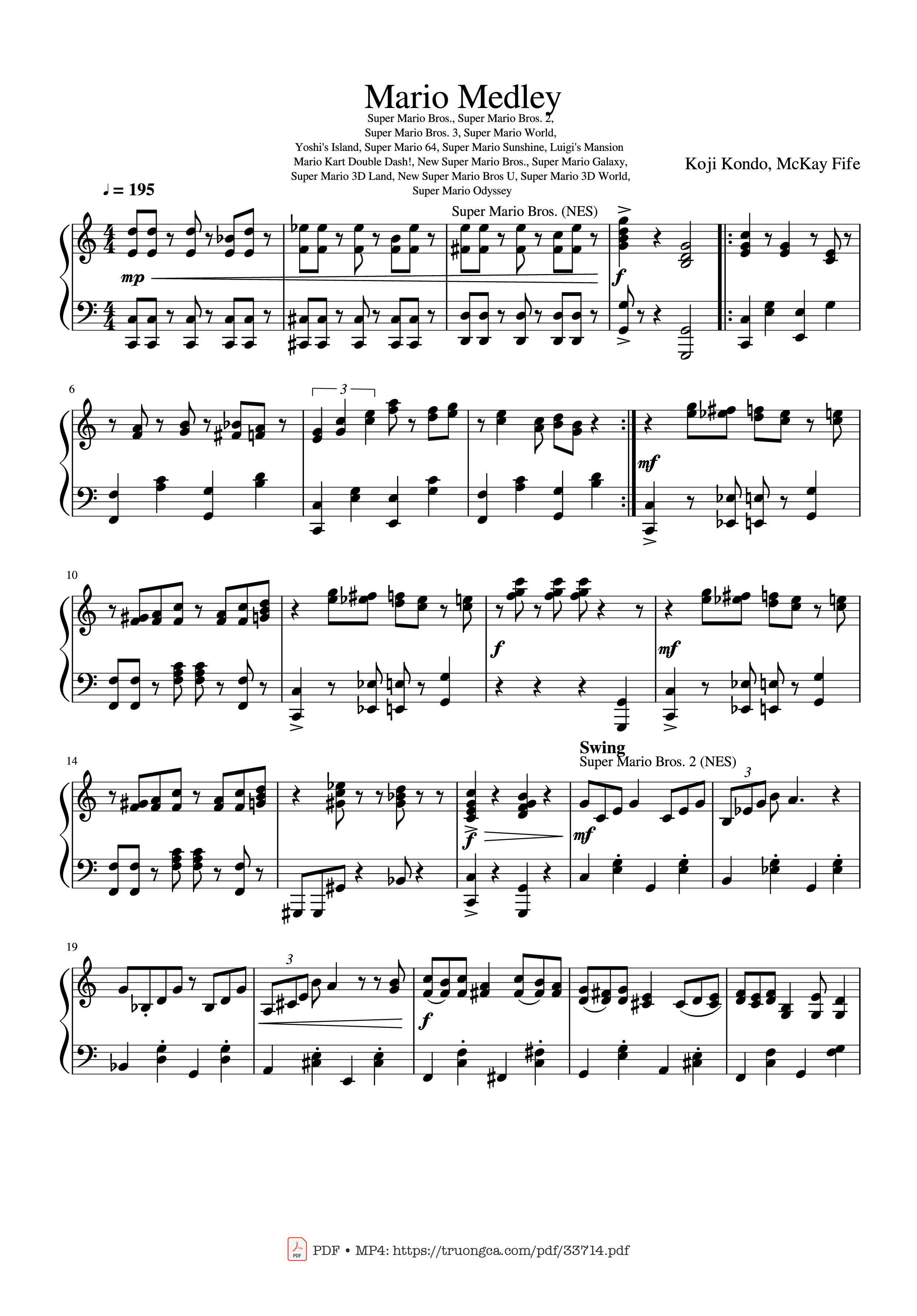 Page 1 of the piano sheet music PDF – Mario Medley Piano by Koji Kondo