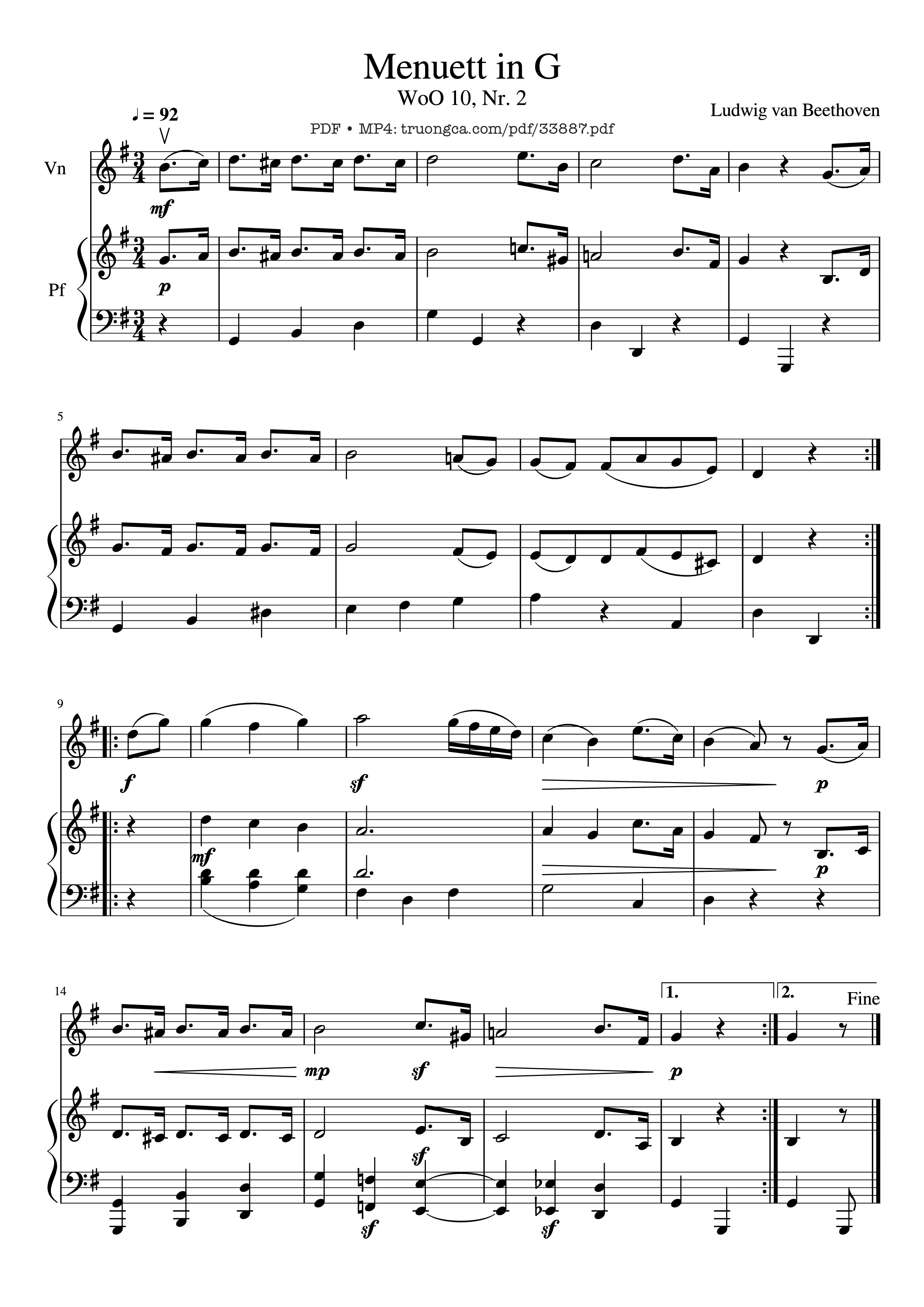 Page 1 of the piano sheet music PDF Piano – Beethoven Minuet in G - Violin & Piano by Ludwig van Beethoven