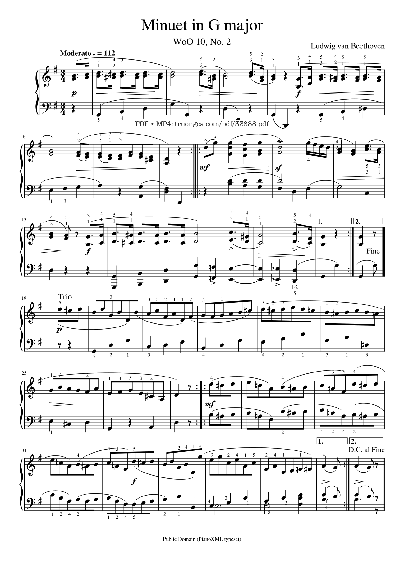 Page 1 of the piano sheet music PDF Piano – Beethoven Minuet in G Piano by Ludwig Van Beethoven