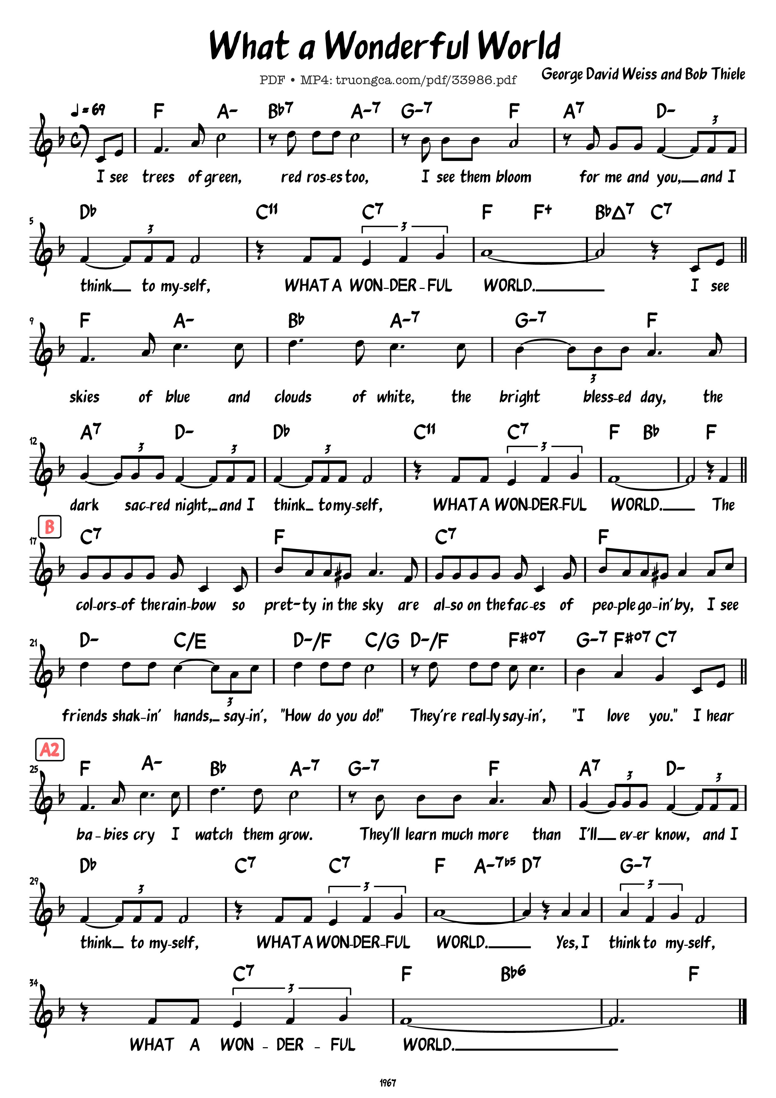 Page 1 of the piano sheet music PDF – What a Wonderful World by George David Weiss and Bob Thiele