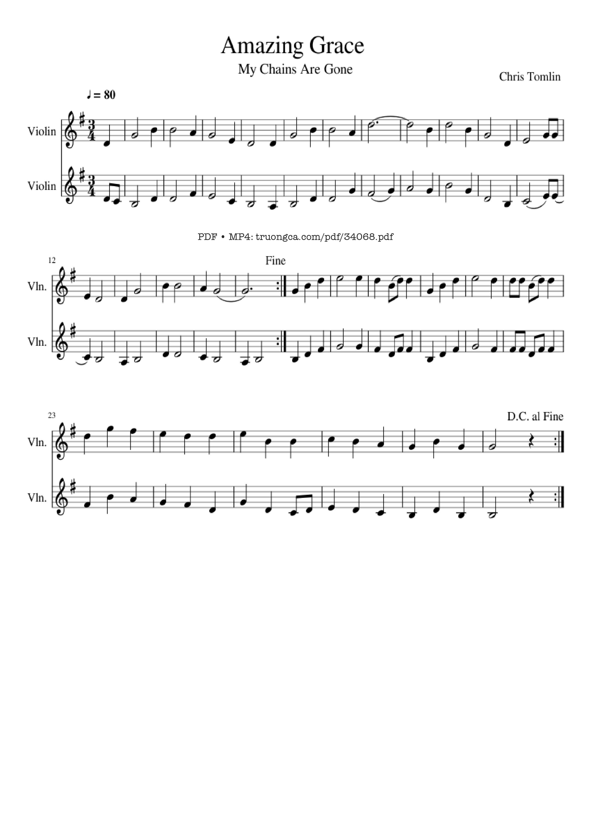 Page 1 of the piano sheet music PDF – Amazing Grace Violin by Chris Tomlin