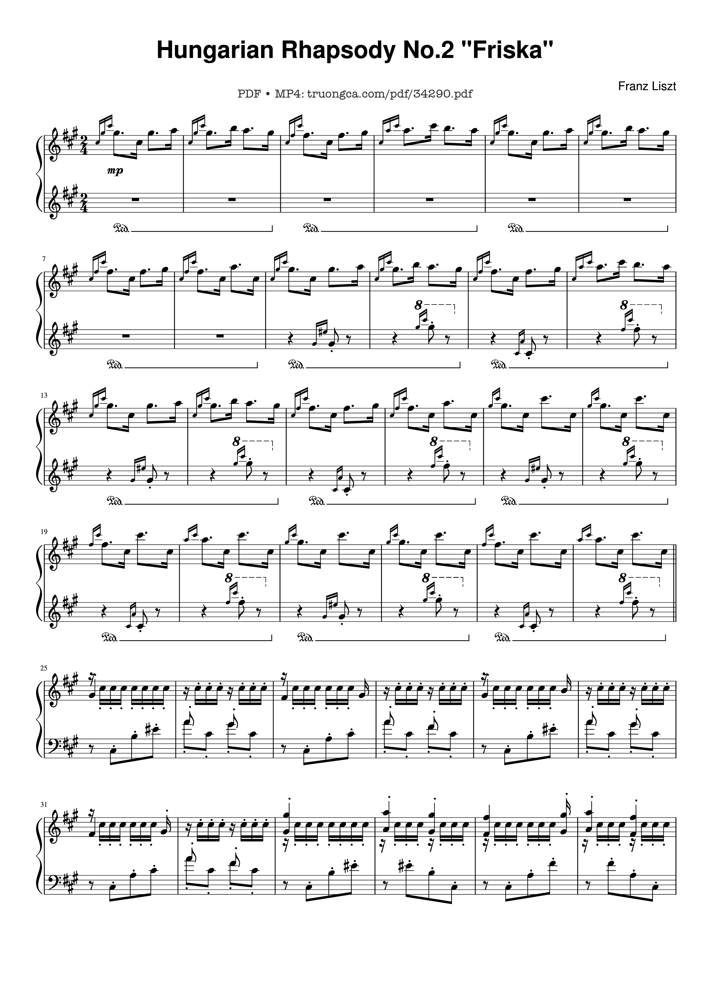 Page 1 of the piano sheet music PDF Piano – Hungarian Rhapsody No. 2 Friska Piano by Franz Liszt