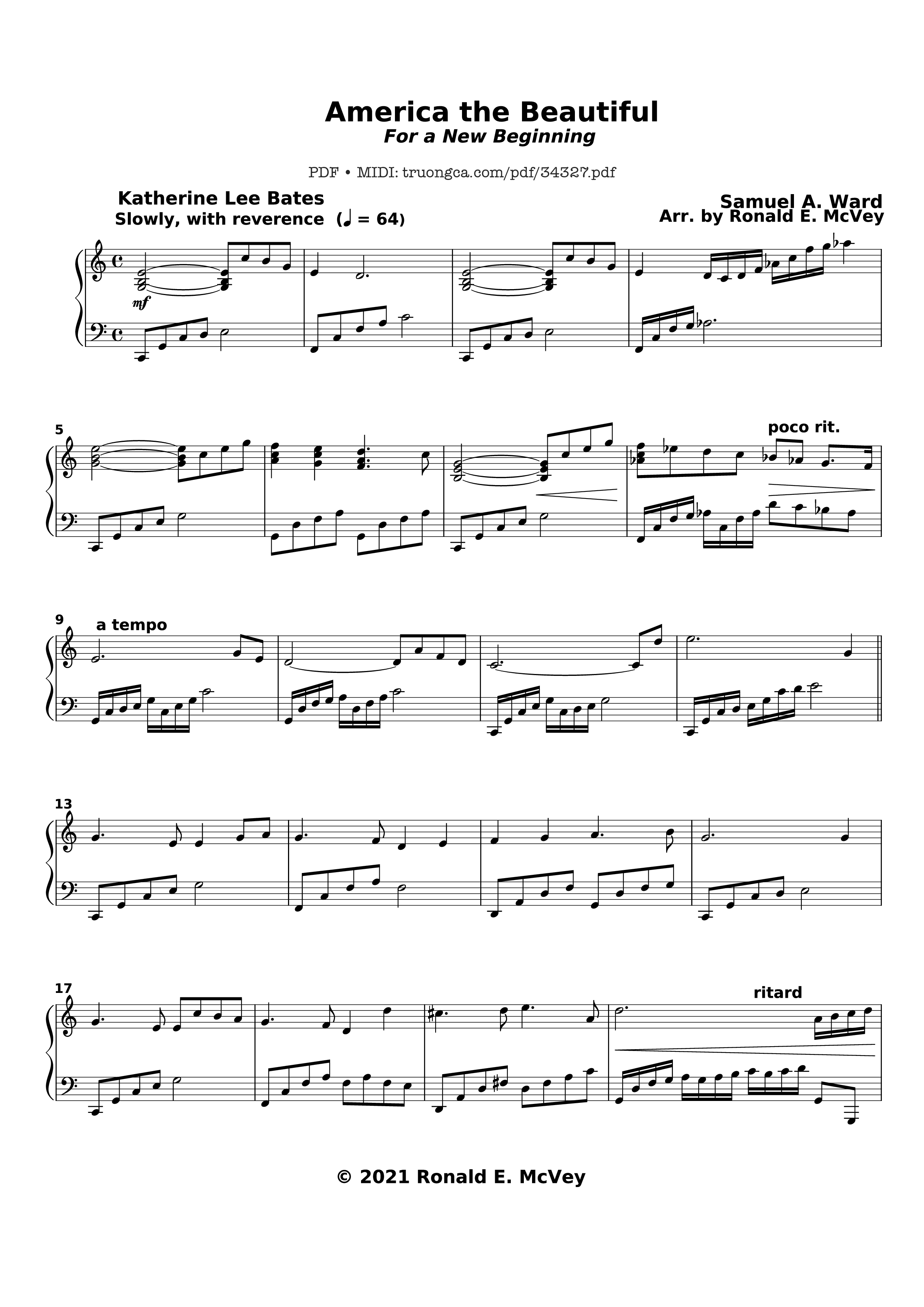 Page 1 of the piano sheet music PDF – America the Beautiful Piano by Samuel Augustus Ward