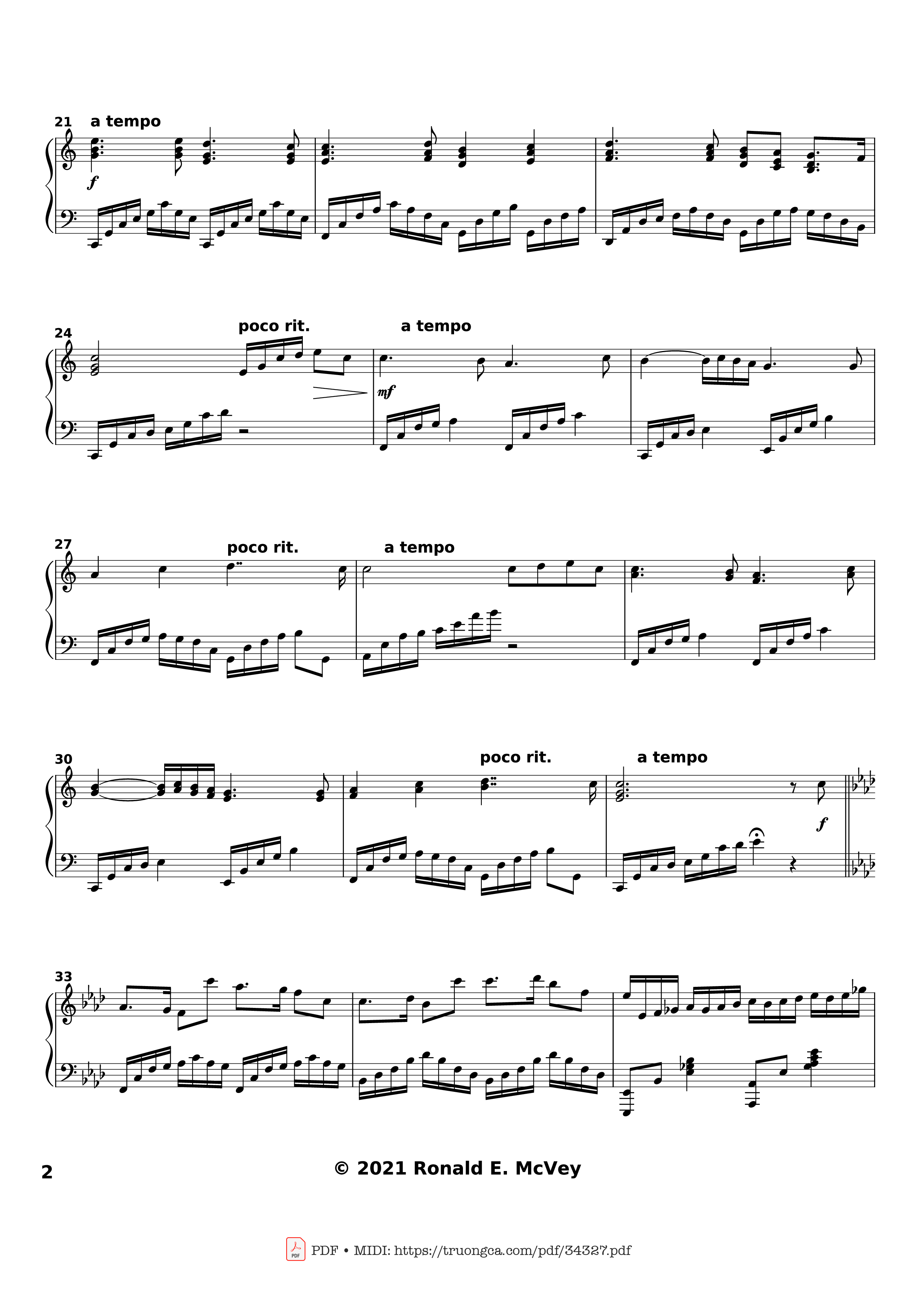 Page 2 of the piano sheet music PDF – America the Beautiful Piano by Samuel Augustus Ward