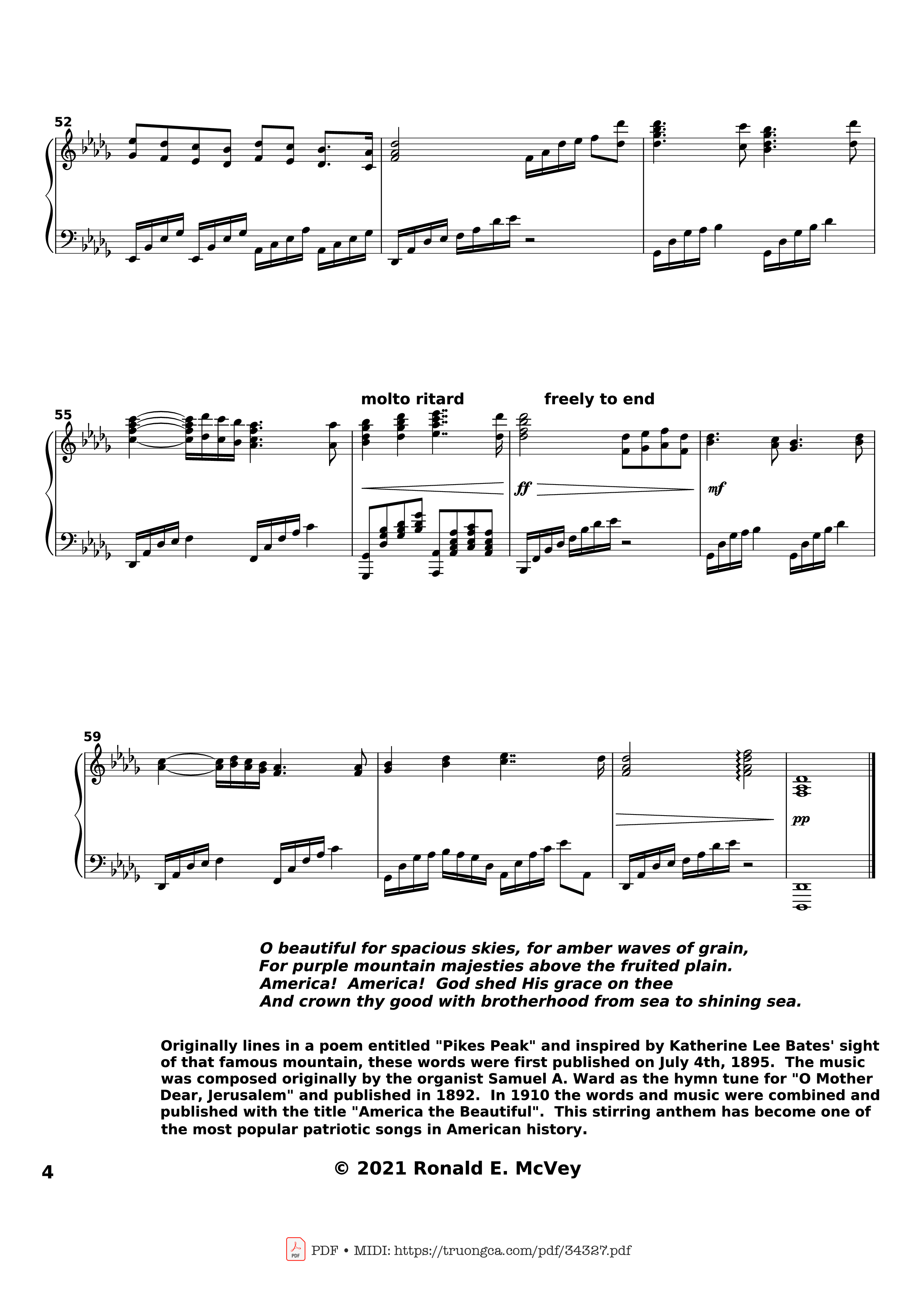 Page 4 of the piano sheet music PDF – America the Beautiful Piano by Samuel Augustus Ward