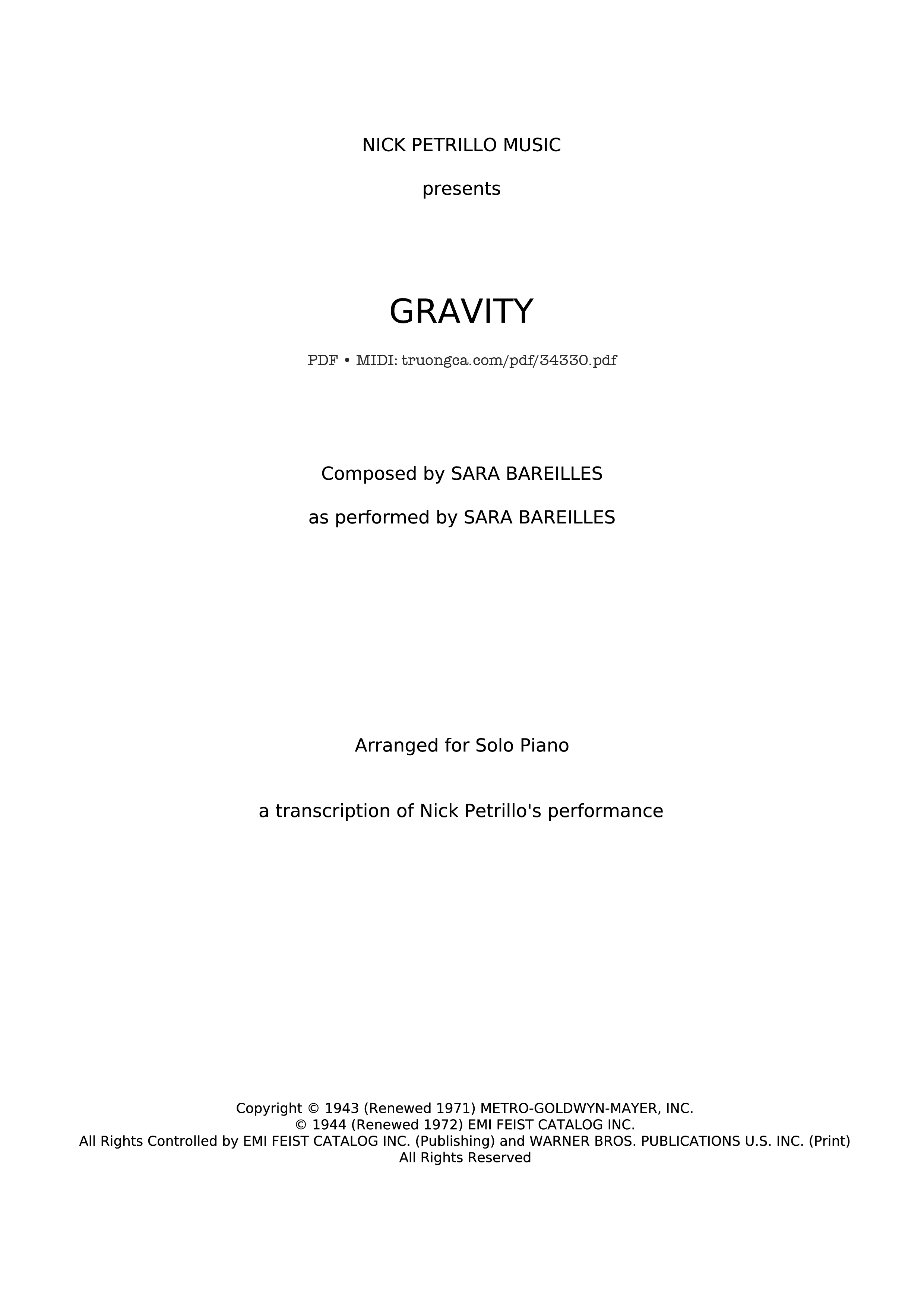 Page 1 of the piano sheet music PDF Piano – GRAVITY Piano by SARA BAREILLES