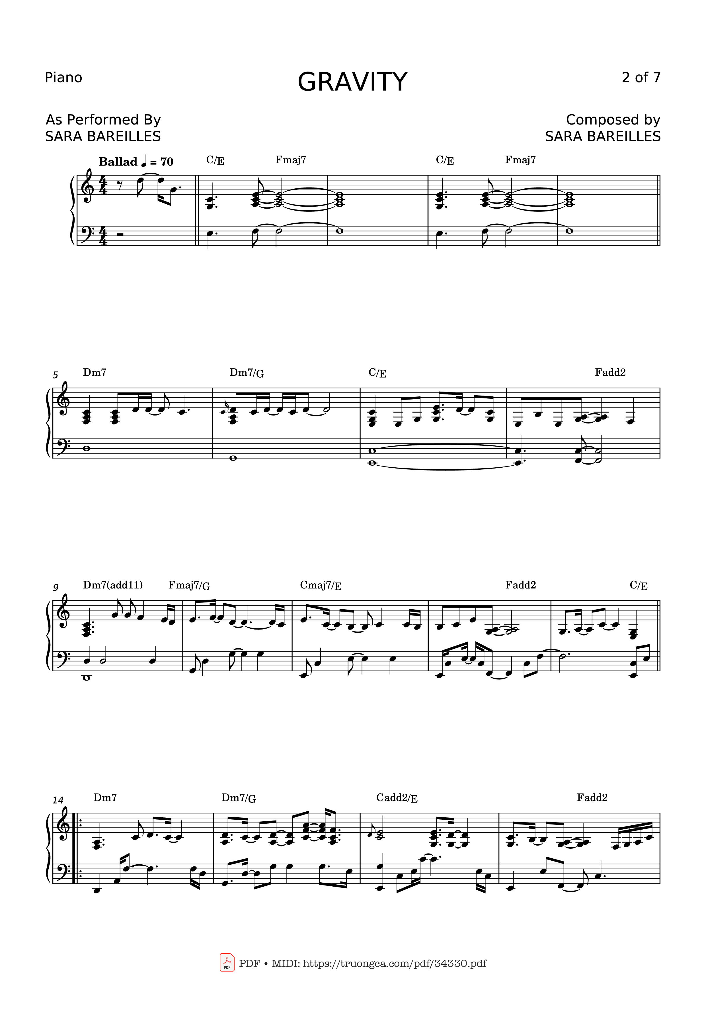 Page 2 of the piano sheet music PDF Piano – GRAVITY Piano by SARA BAREILLES