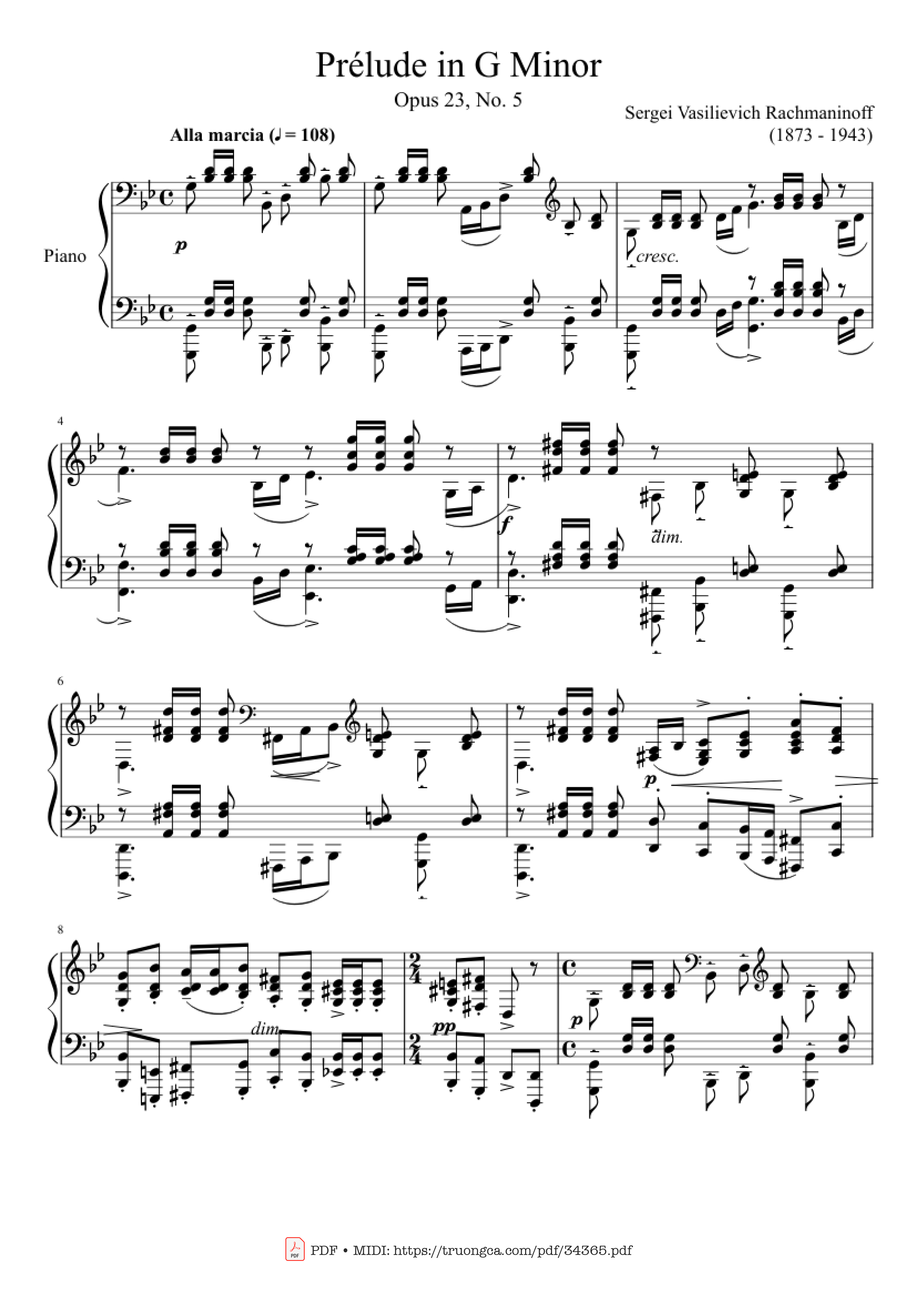 Page 1 of the piano sheet music PDF Piano – Prélude in G Minor Piano by Sergei Vasilievich Rachmaninoff (1873 - 1943