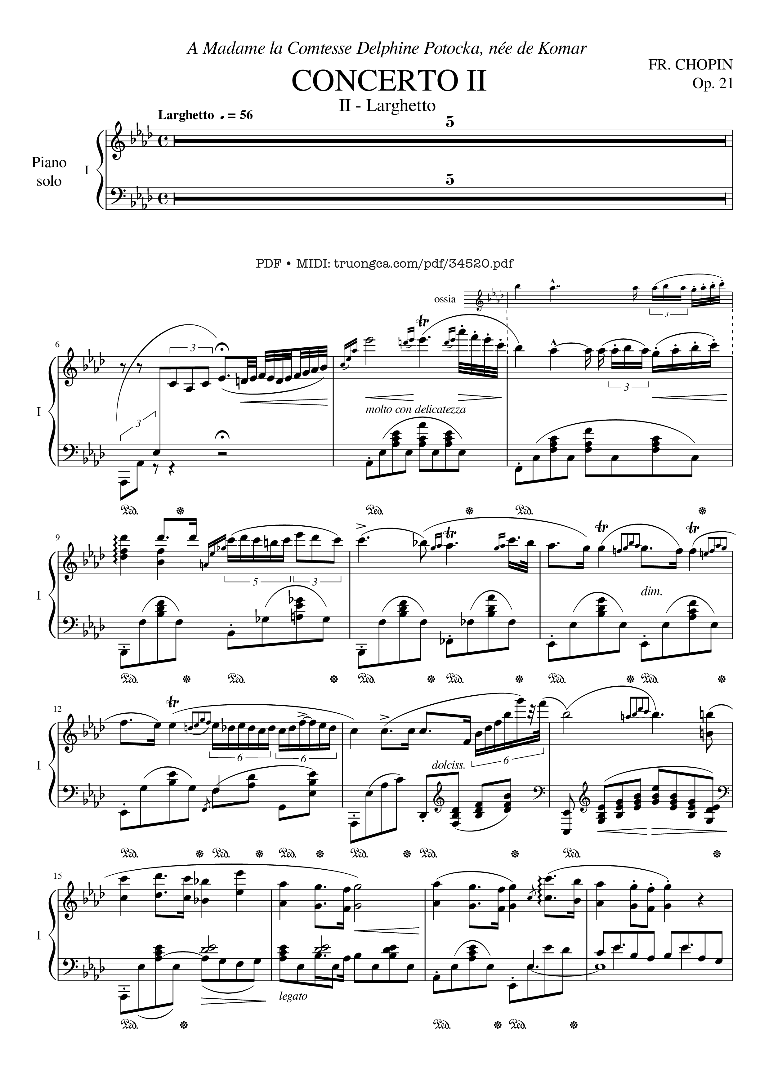 Page 1 of the piano sheet music PDF Piano – Chopin Concerto No.2, Op.21, Larghetto by Frédéric Chopin