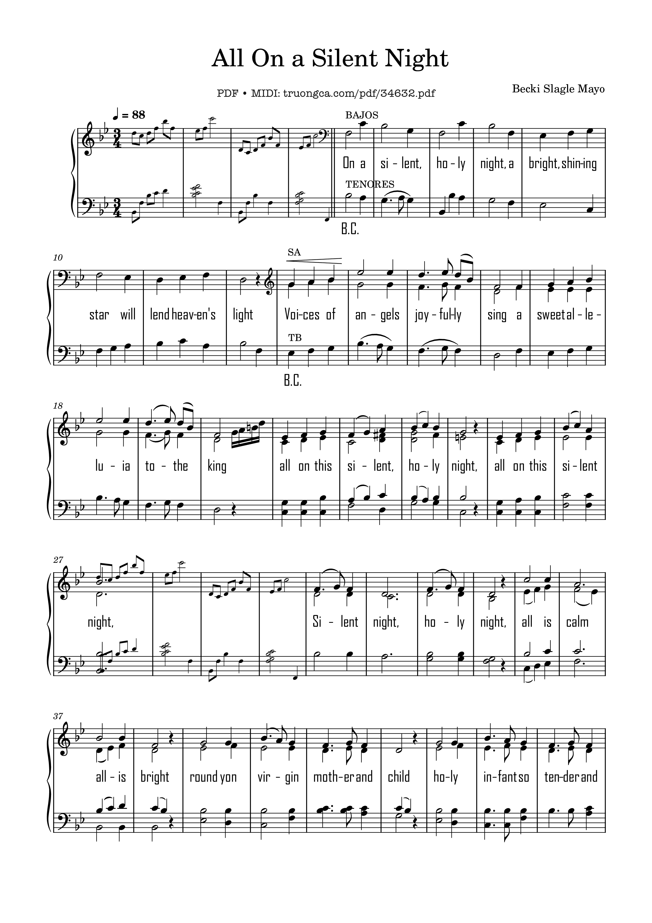 Page 1 of the piano sheet music PDF – All On a Silent Night Piano by Becki Slagle Mayo