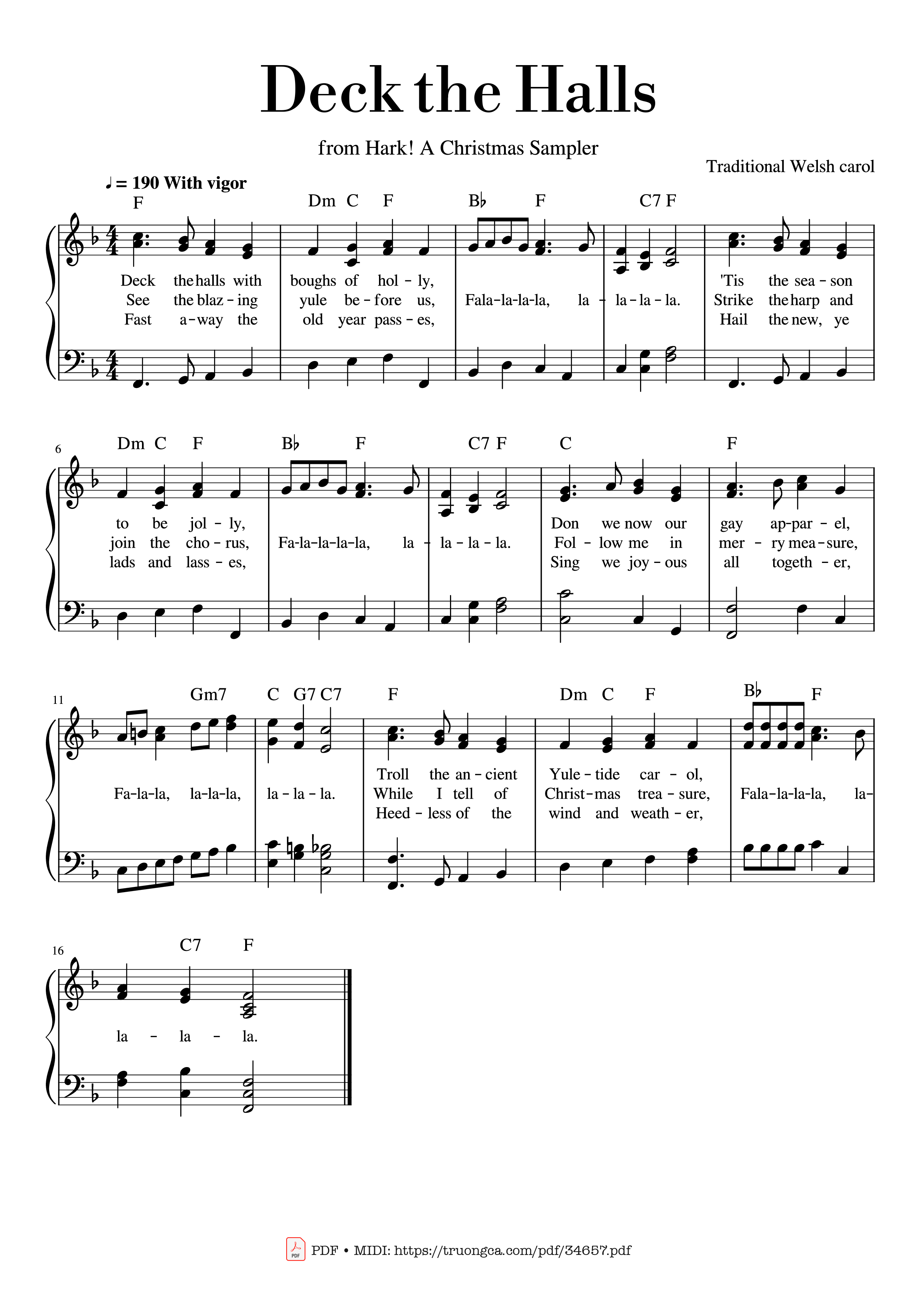 Page 1 of the piano sheet music PDF Piano – Deck the Halls Piano by Traditional Welsh carol