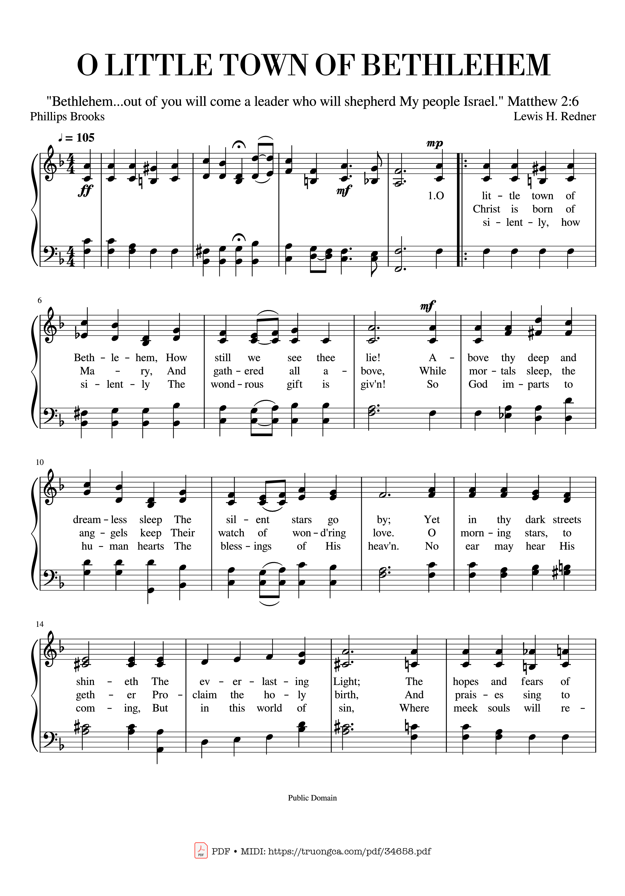 Page 1 of the piano sheet music PDF – O Little Town of Bethlehem (ST. LOUIS) Piano by Phillips Brooks