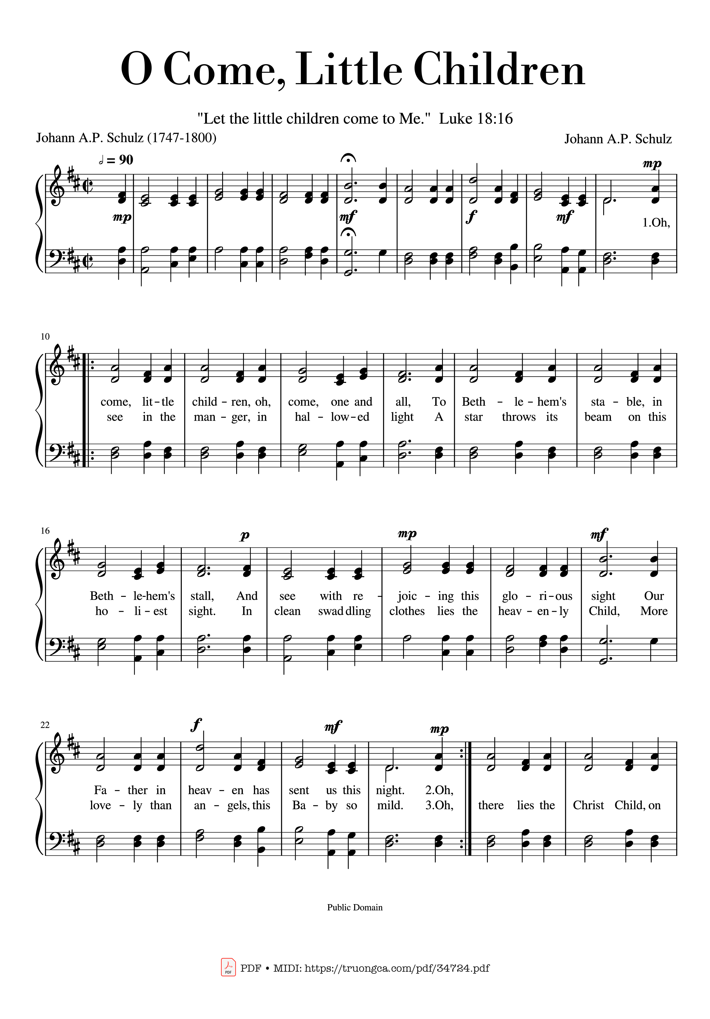 Page 1 of the piano sheet music PDF – O Come, Little Children Piano by Johann A.P. Schulz