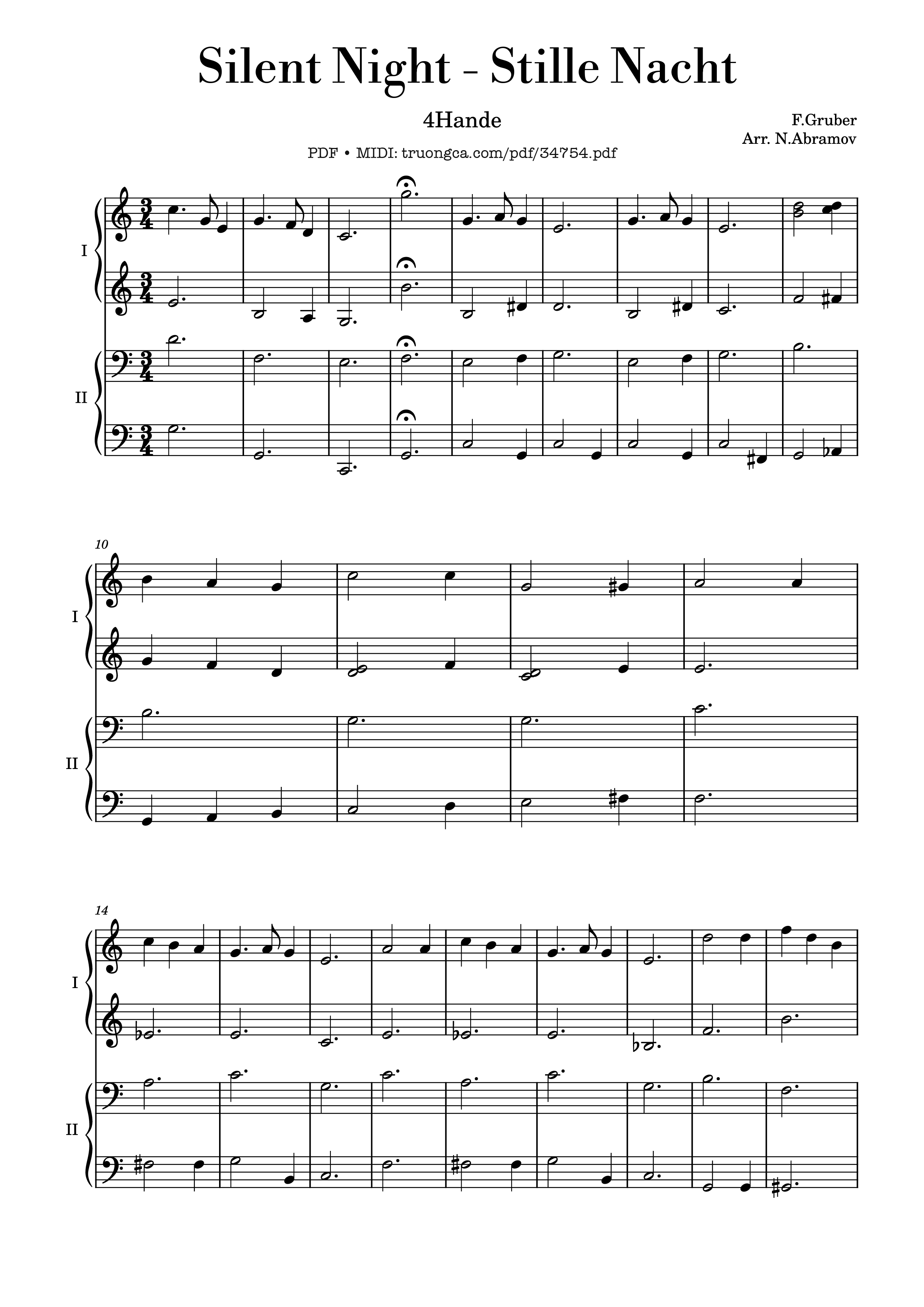 Page 1 of the piano sheet music PDF Piano – Silent Night, Stille Nacht Piano 4 Hands by Franz Xaver Gruber