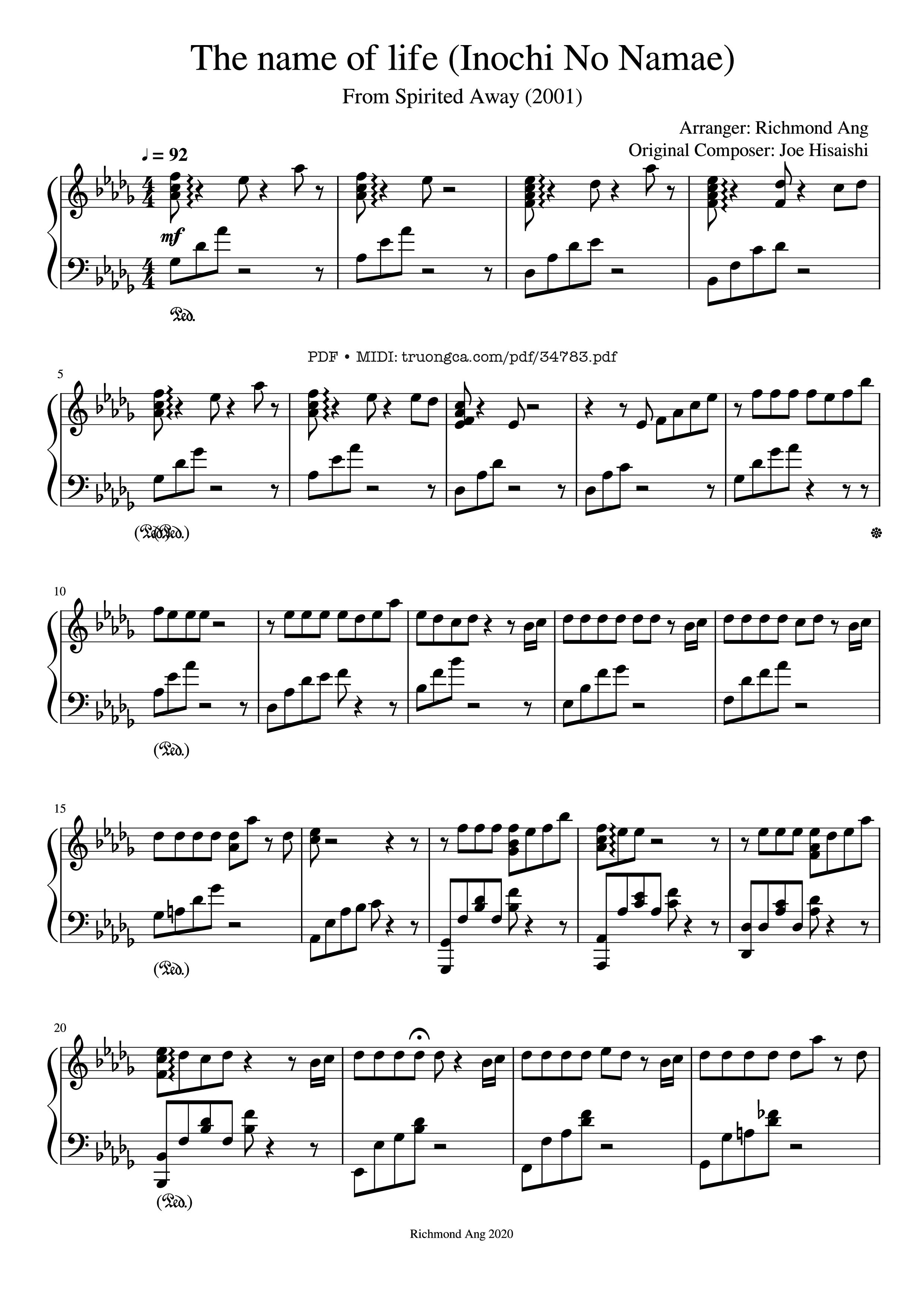 Page 1 of the piano sheet music PDF Piano – The name of life (Inochi No Namae) Piano by Arranger: Richmond Ang