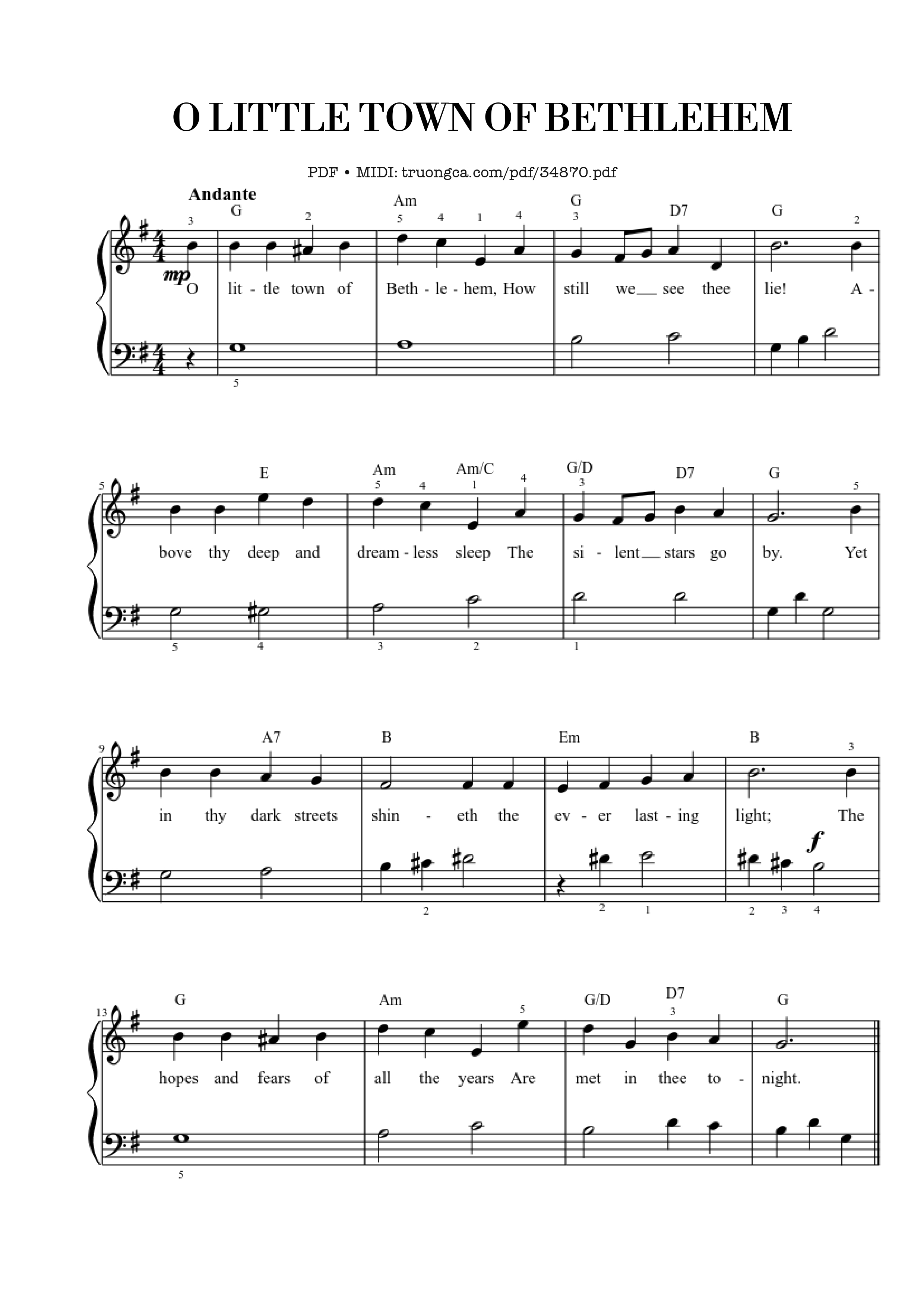 Page 1 of the piano sheet music PDF Piano – O Little Town Of Bethlehem EASY Piano by Phillips Brooks