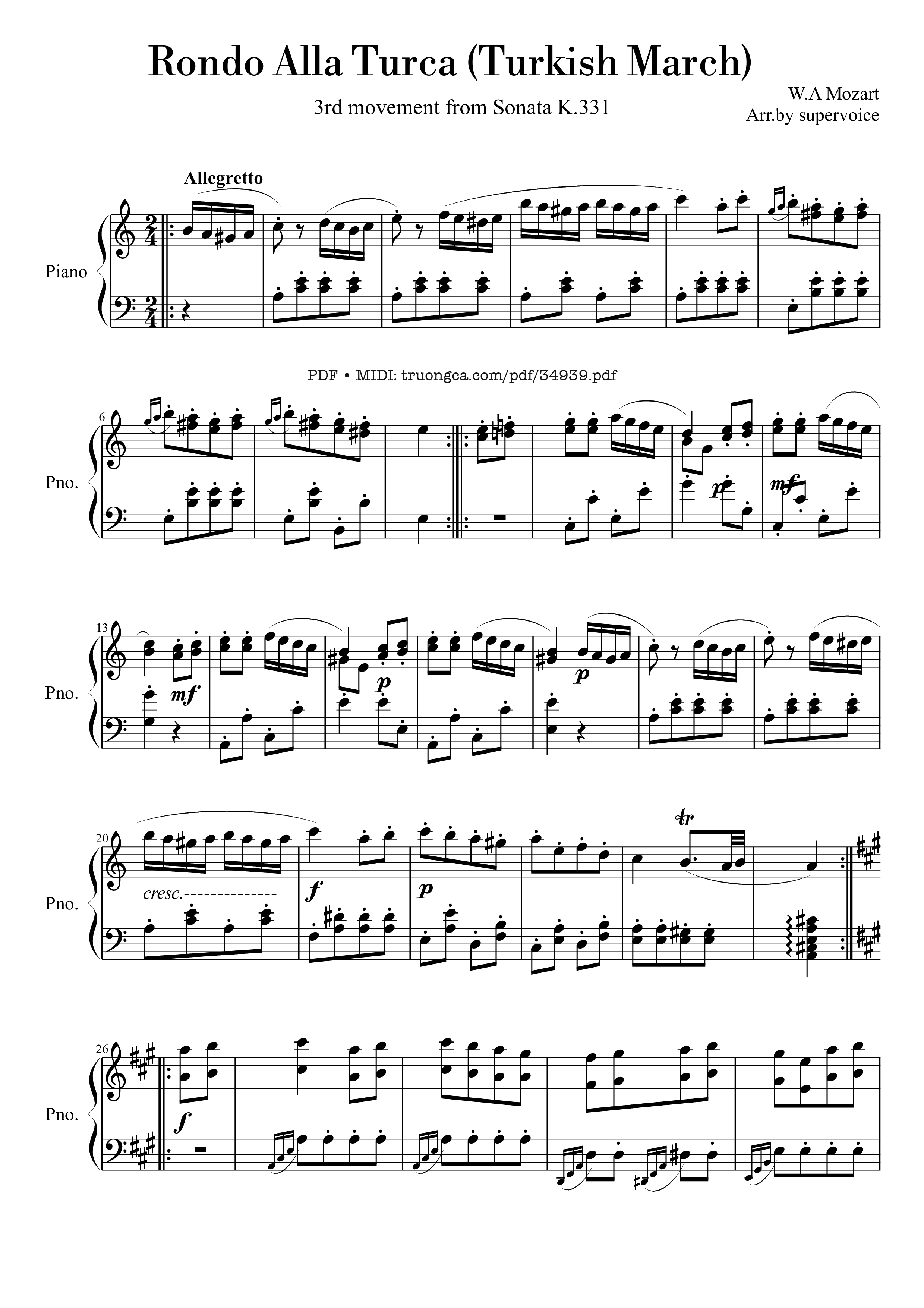 Page 1 of the piano sheet music PDF Piano – Rondo Alla Turca (Turkish March) Piano by Wolfgang Amadeus Mozart
