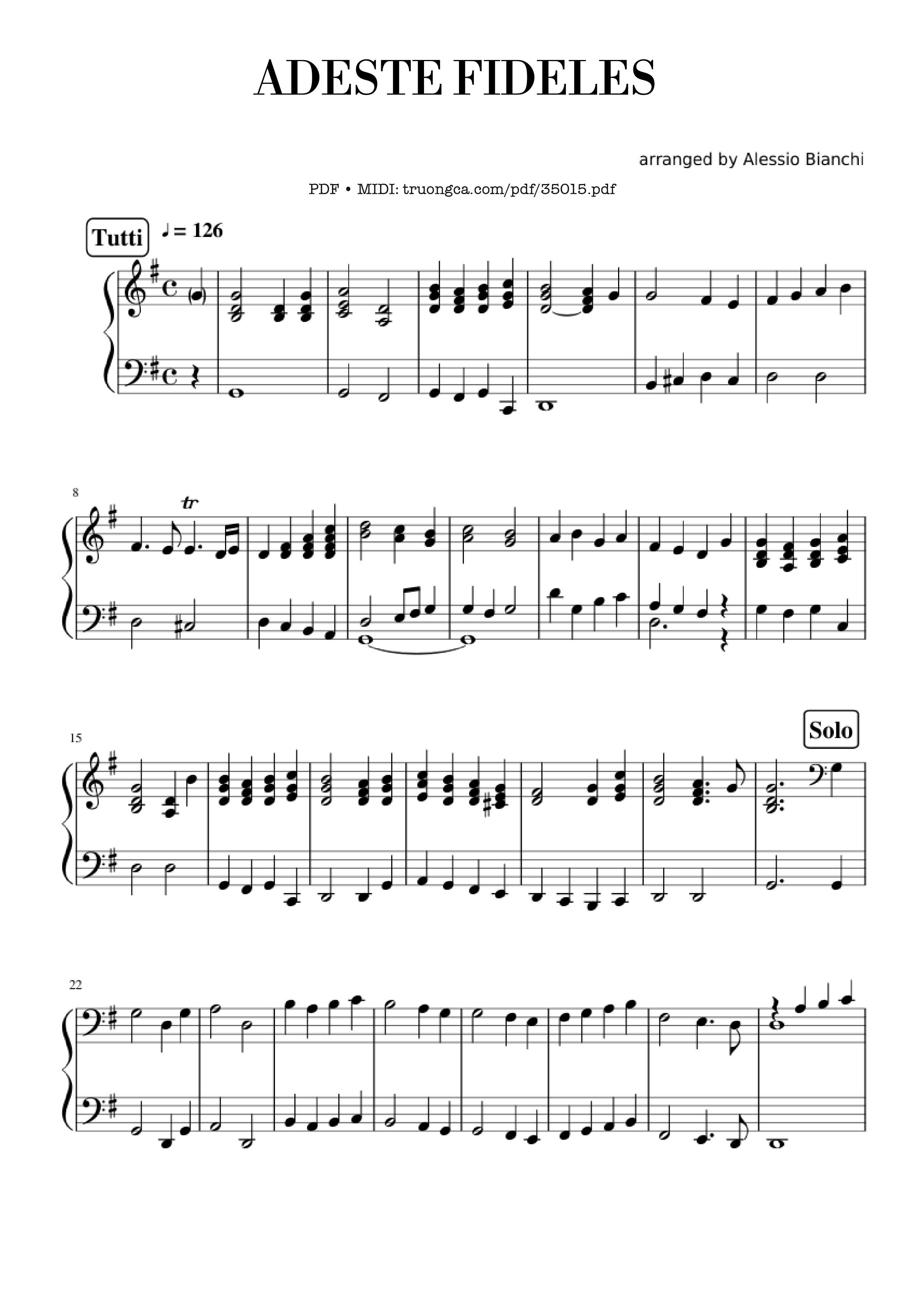 Page 1 of the piano sheet music PDF Piano – Adeste Fideles Piano by John Francis Wade