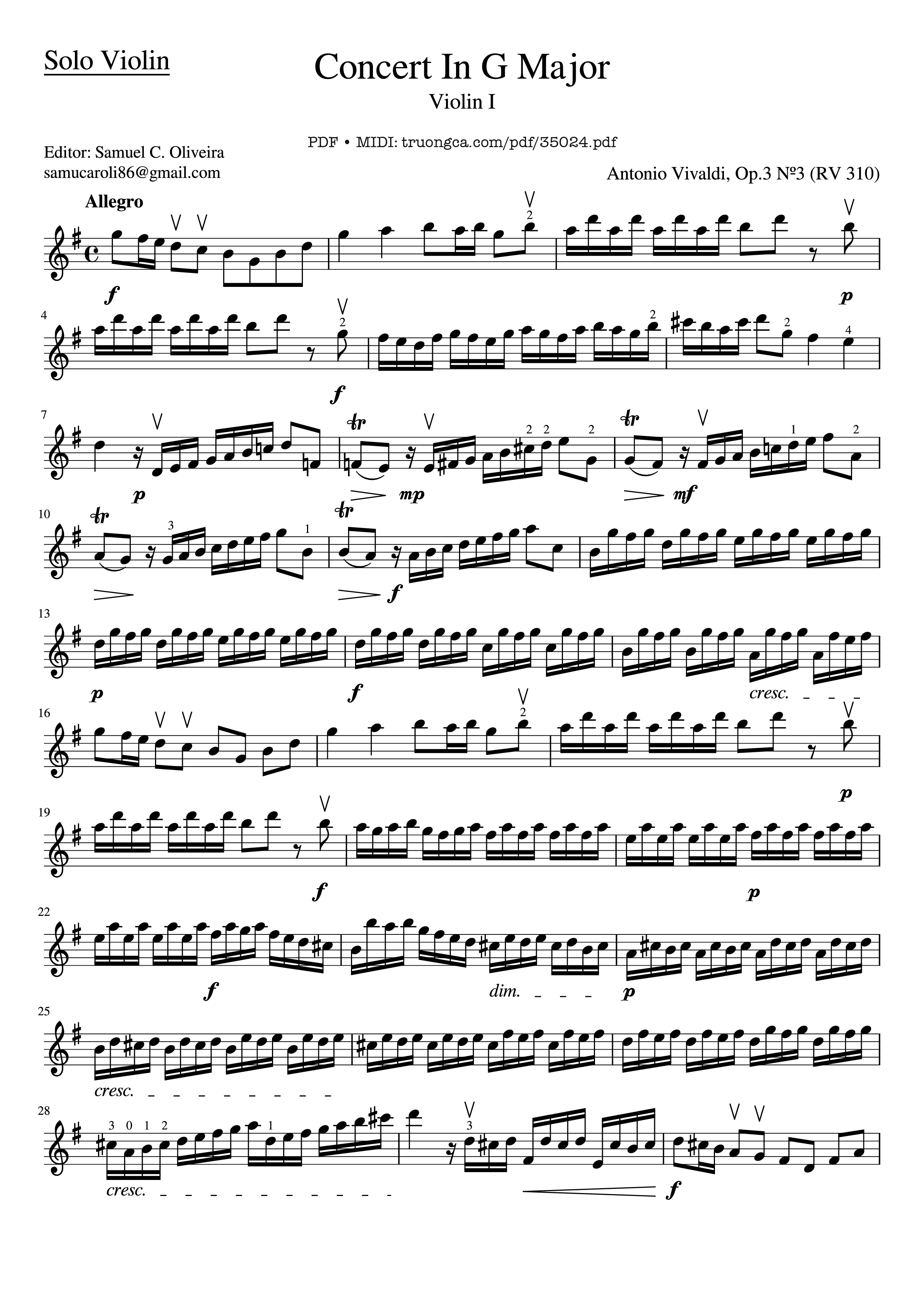 Page 1 of the piano sheet music PDF – Concerto In G Major (RV 310) Violin by Antonio Vivaldi