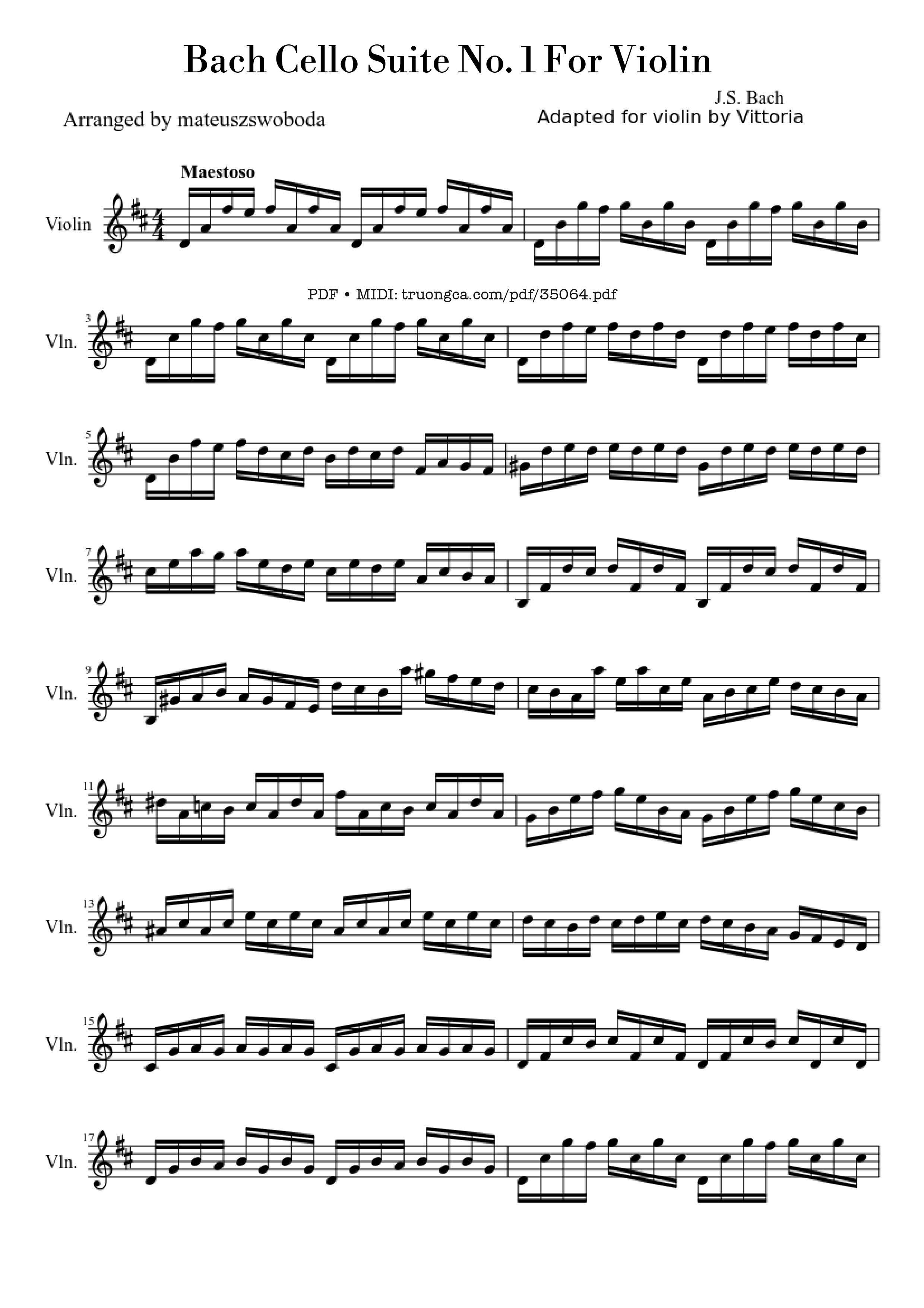 Page 1 of the piano sheet music PDF – Bach Cello Suite No. 1 For Violin by J.S. Bach