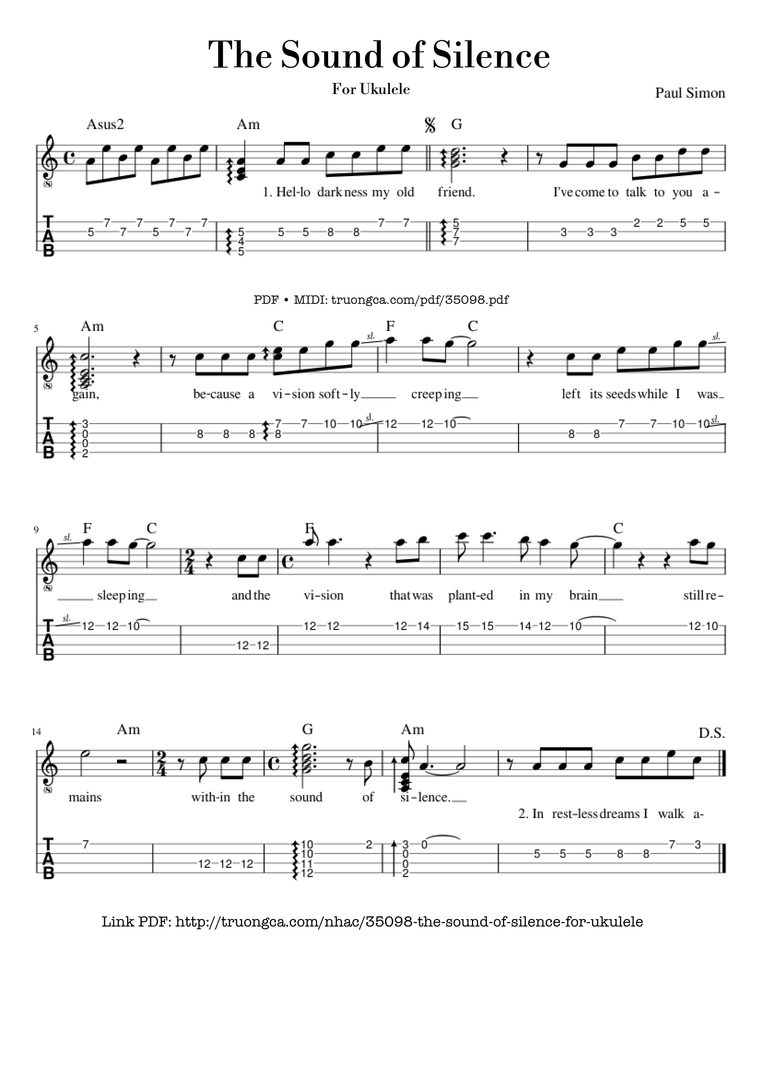 Page 1 of the piano sheet music PDF – The Sound of Silence for Ukulele by Paul Simon