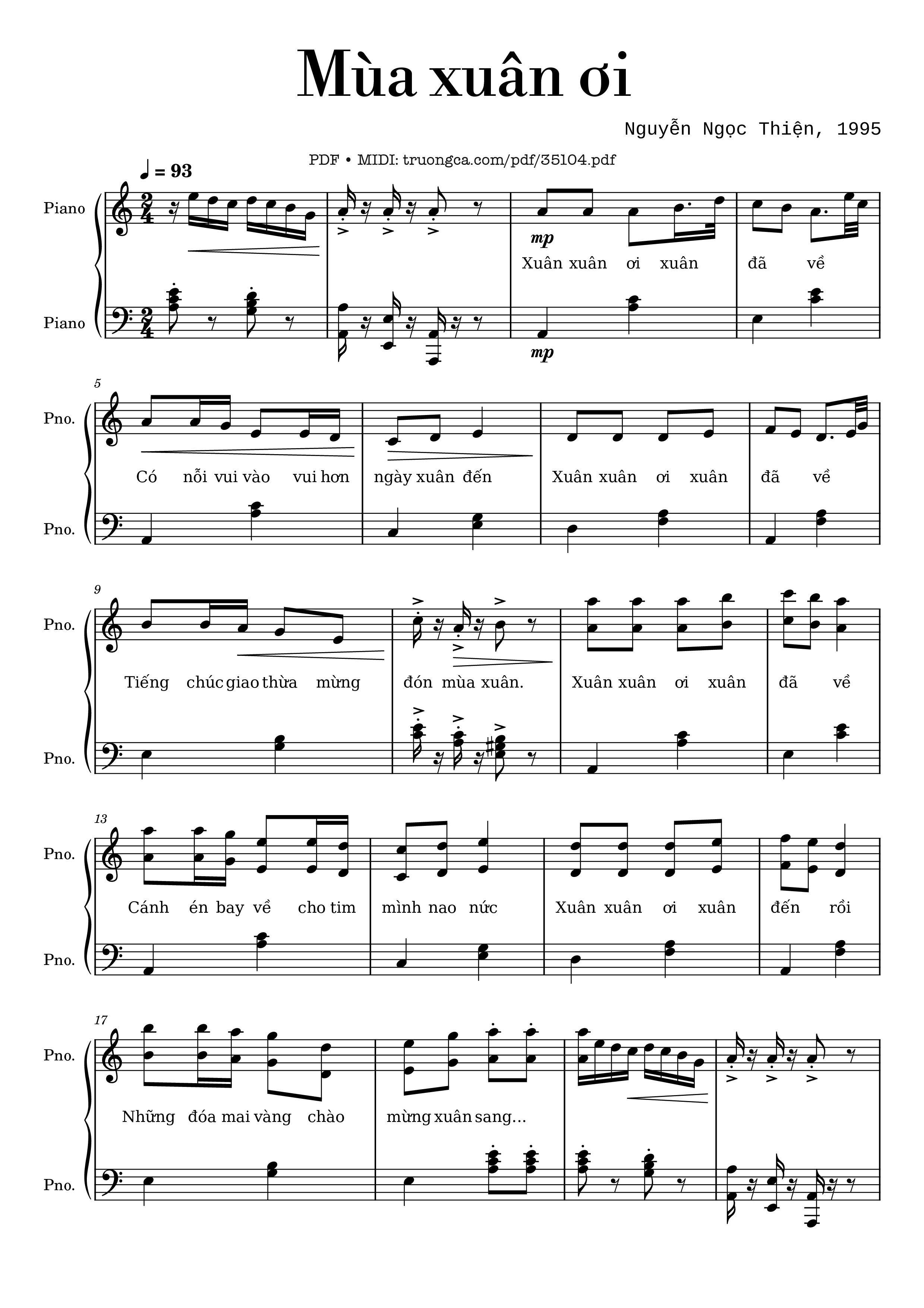 Page 1 of the piano sheet music PDF – Mùa xuân ơi Piano (bản dễ) by Nguyễn Ngọc Thiện
