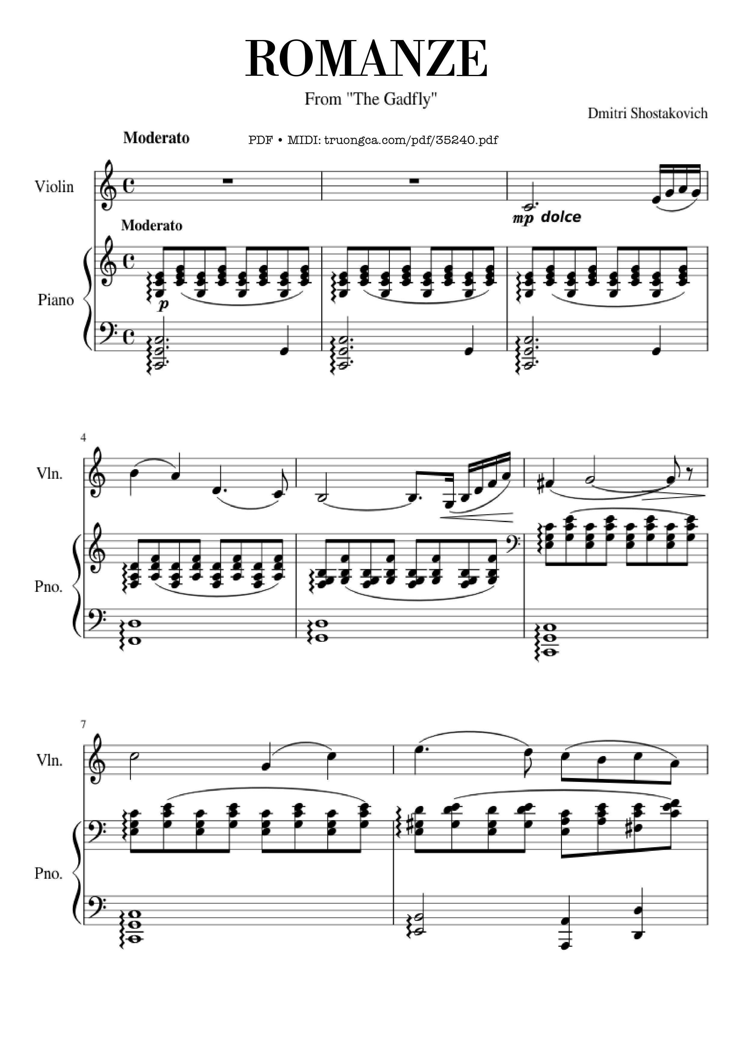 Page 1 of the piano sheet music PDF Piano – Shostakovich Romance (From The Gadfly) Piano & Violin by Dmitri Shostakovich