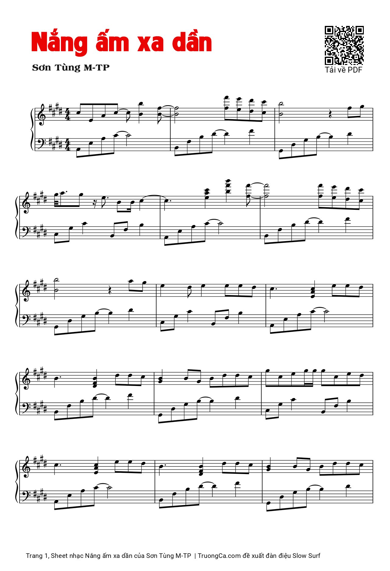 Page 1 of the piano sheet music PDF Piano – Nắng ấm xa dần by Sơn Tùng M-TP