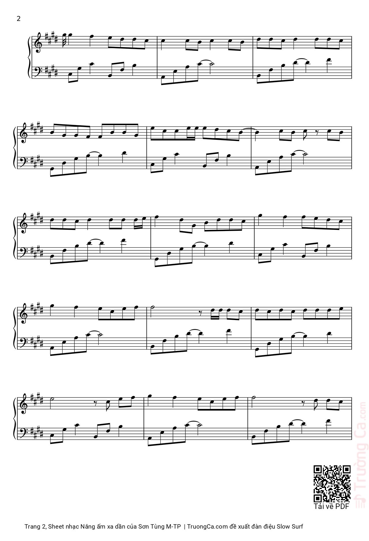 Page 2 of the piano sheet music PDF Piano – Nắng ấm xa dần by Sơn Tùng M-TP
