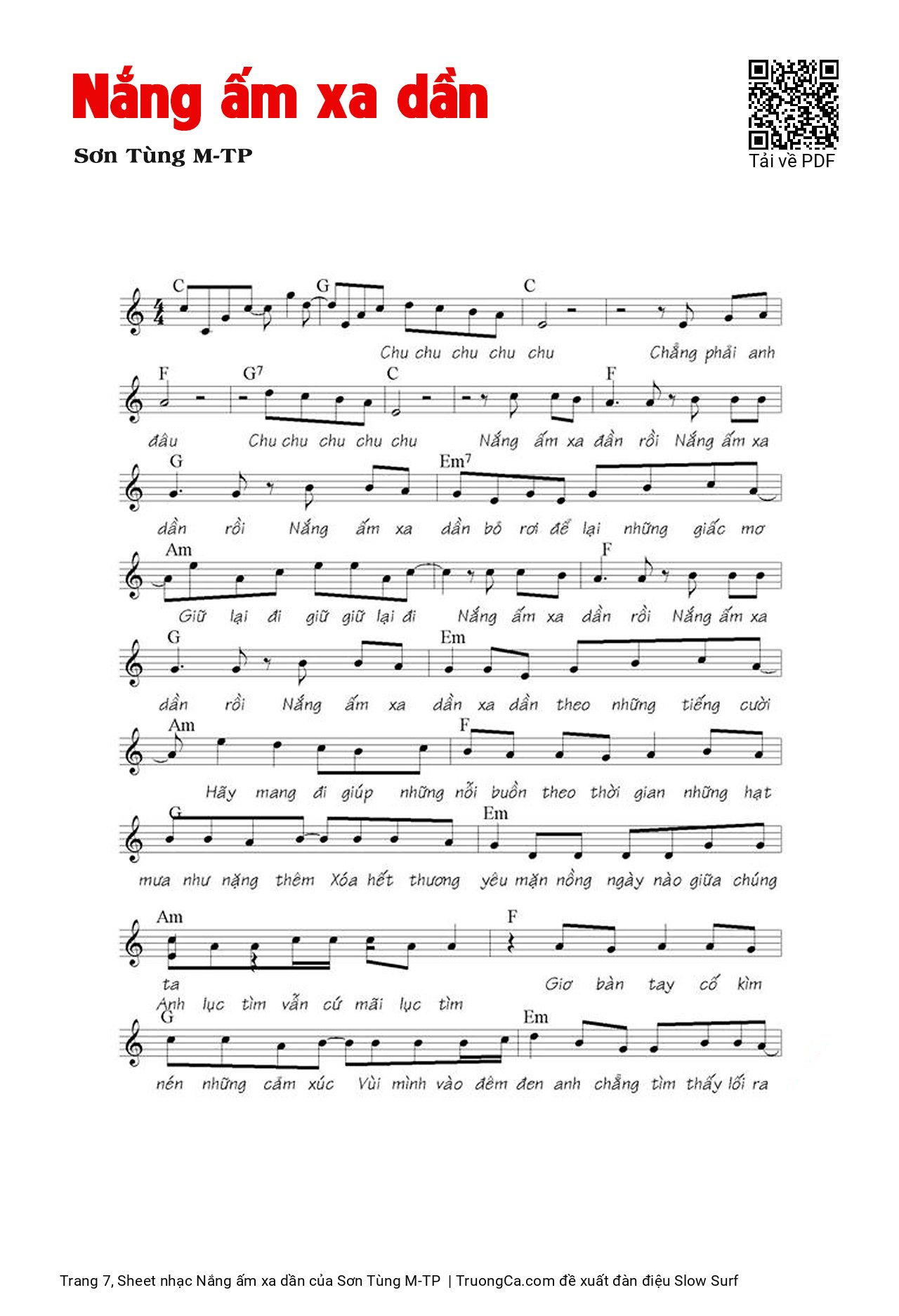Page 7 of the piano sheet music PDF Piano – Nắng ấm xa dần by Sơn Tùng M-TP
