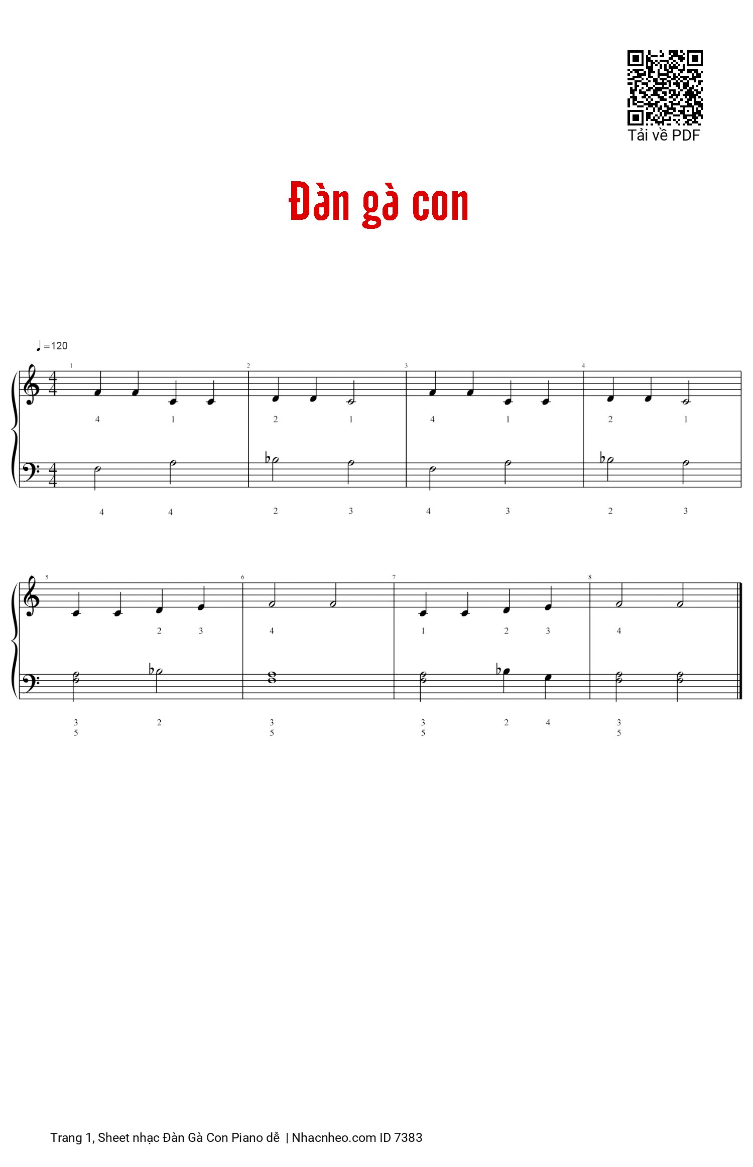 Page 1 of the piano sheet music PDF – Đàn Gà Con Piano dễ by Nhạc Pháp