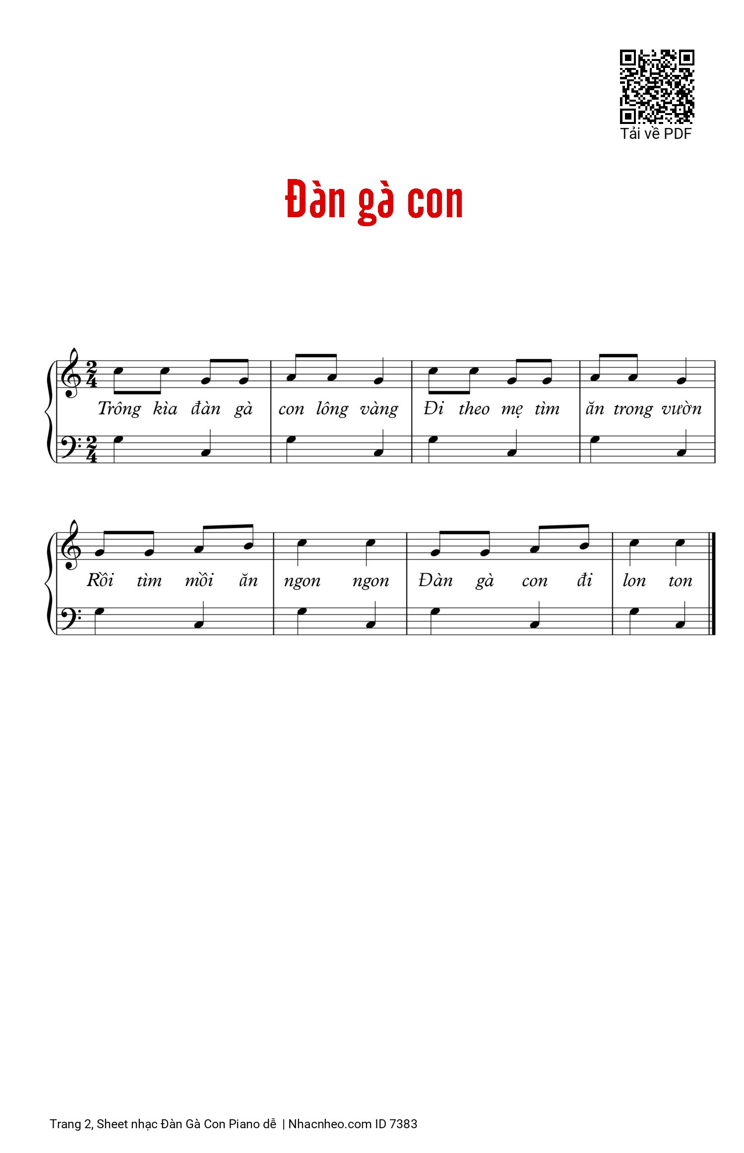 Page 2 of the piano sheet music PDF – Đàn Gà Con Piano dễ by Nhạc Pháp