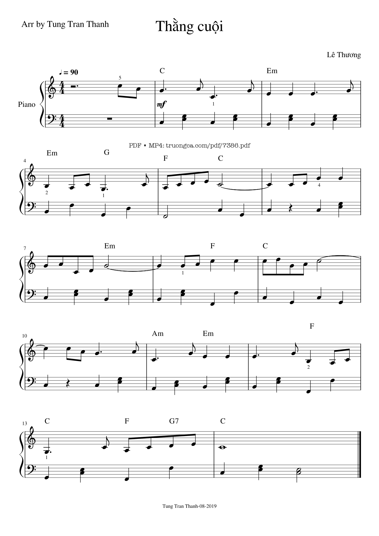 Page 1 of the piano sheet music PDF – Thằng cuội Piano bản easy by Lê Thương