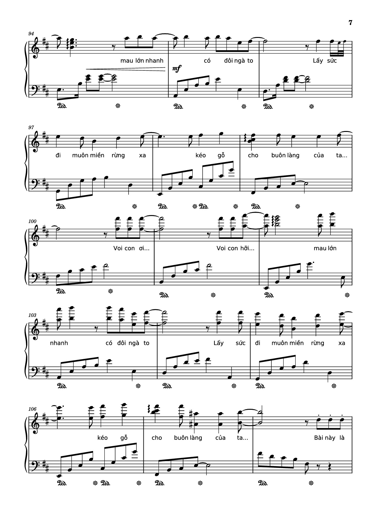 Page 7 of the piano sheet music PDF Piano – Mashup Chú voi con ở bản Đôn + Một lần Thôi + Anh cứ đi đi + Cầu Vồng Khuyết mashup Piano by Phạm Tuyên