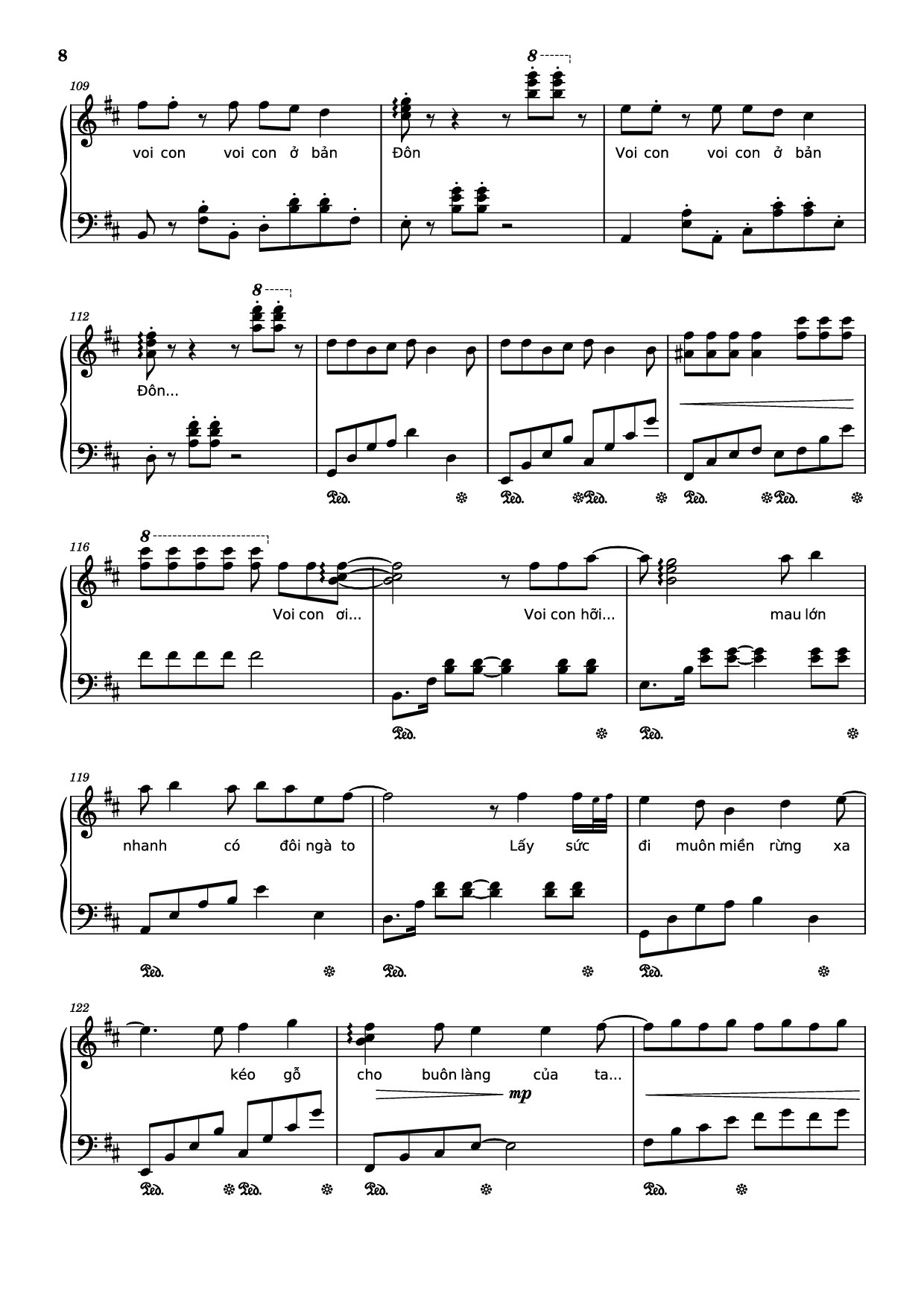 Page 8 of the piano sheet music PDF Piano – Mashup Chú voi con ở bản Đôn + Một lần Thôi + Anh cứ đi đi + Cầu Vồng Khuyết mashup Piano by Phạm Tuyên