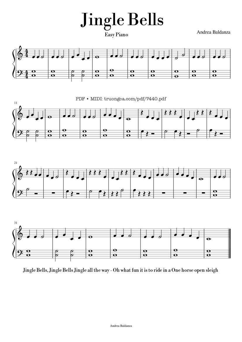 Page 1 of the piano sheet music PDF – Jingle Bells Piano EASY by James Pierpont