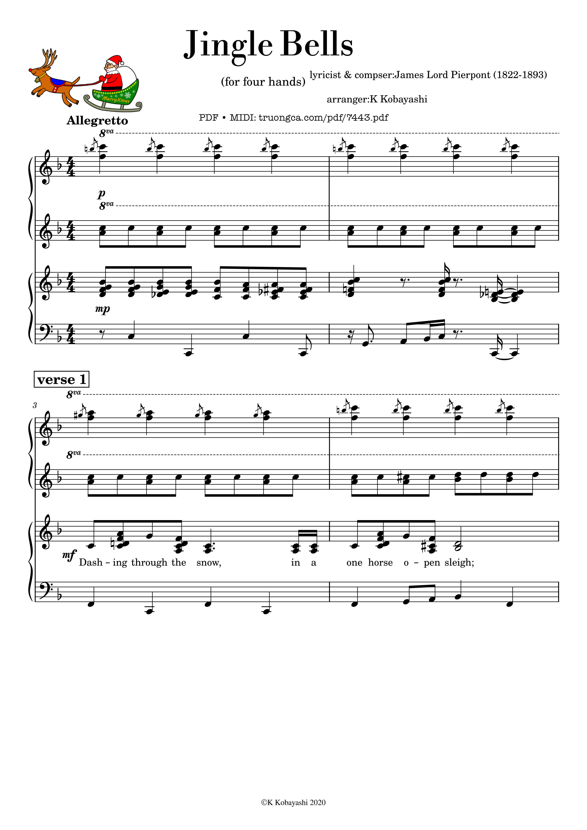 Page 1 of the piano sheet music PDF Piano – Jingle Bells Piano 4 hands by James Pierpont