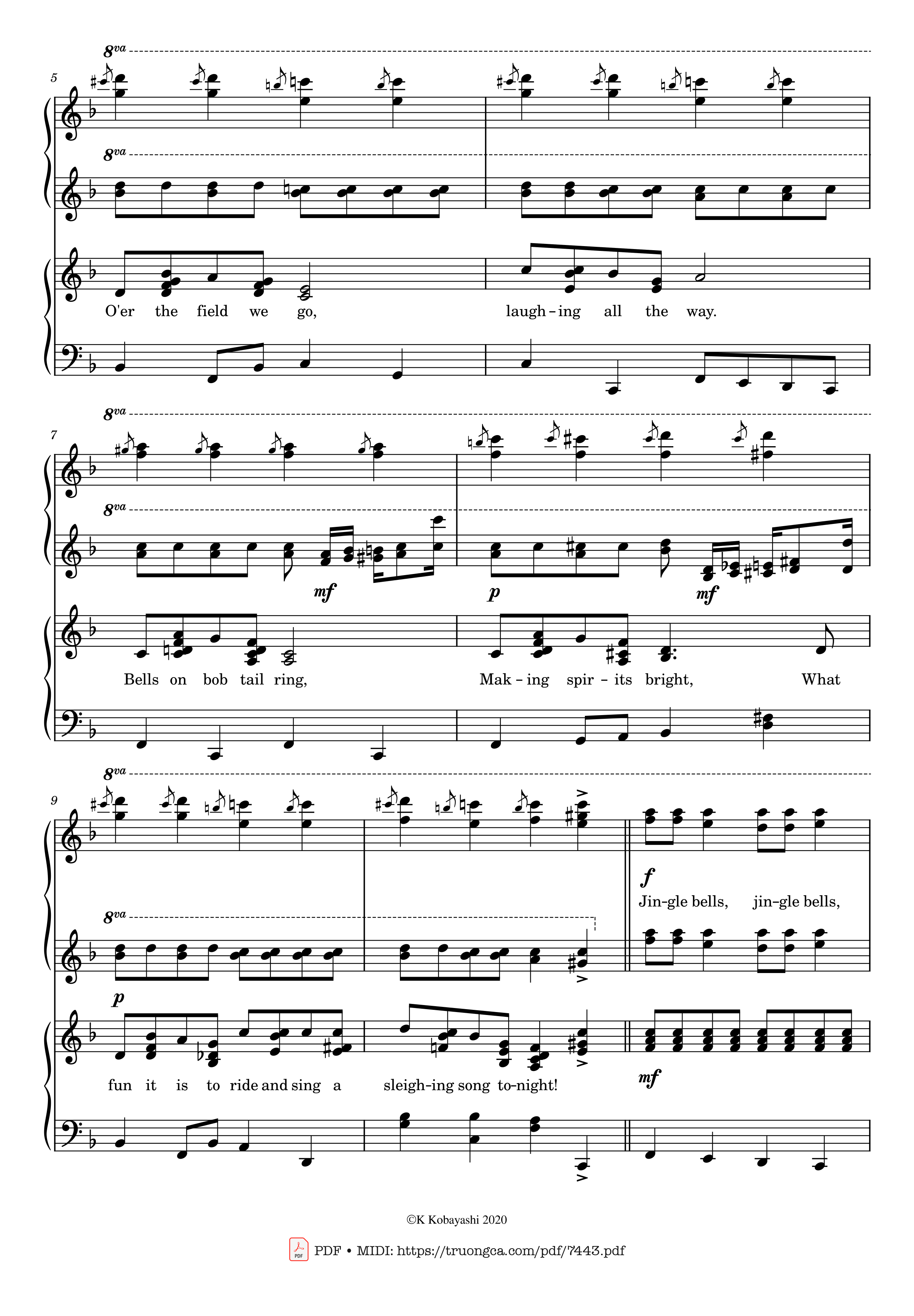 Page 2 of the piano sheet music PDF Piano – Jingle Bells Piano 4 hands by James Pierpont