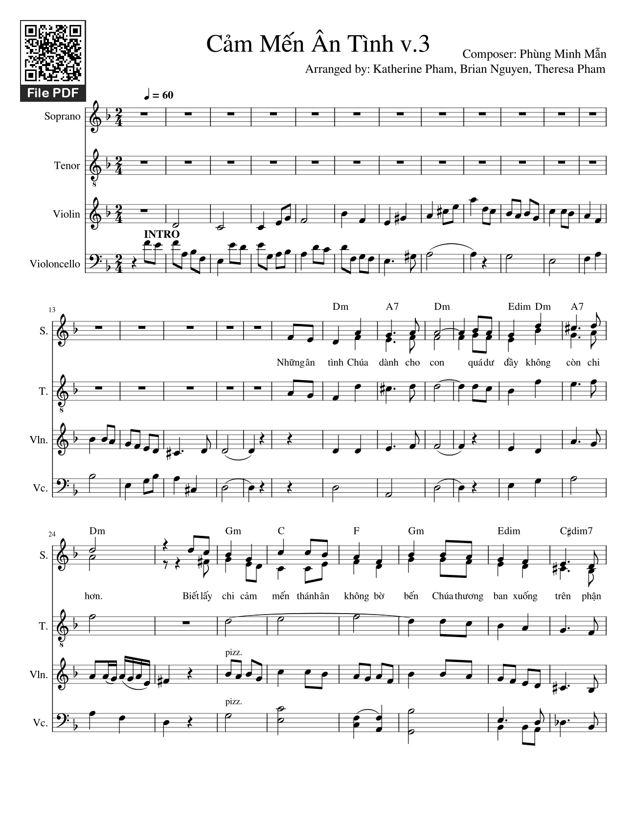 Page 1 of the piano sheet music PDF – Cảm mến ân tình phối cho Piano, Violin, Cello by Phùng Minh Mẫn